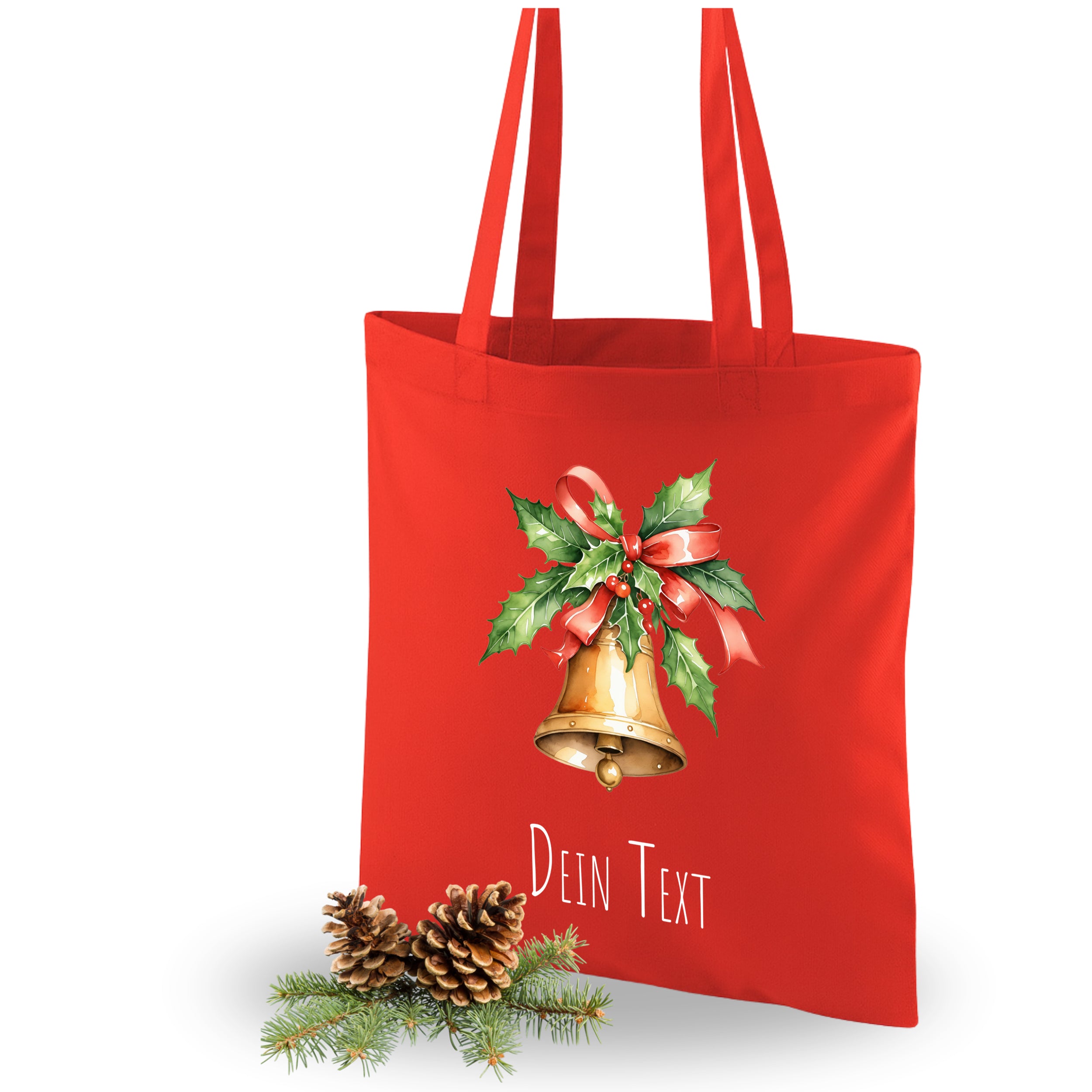Rote Stofftasche mit Glocke und Weihnachtsdeko, personalisierbar.