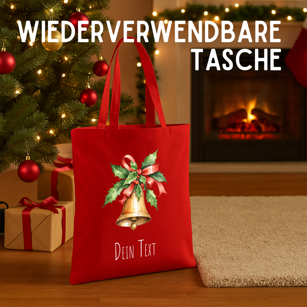 Rote wiederverwendbare Tasche mit Weihnachtsglocken-Motiv.