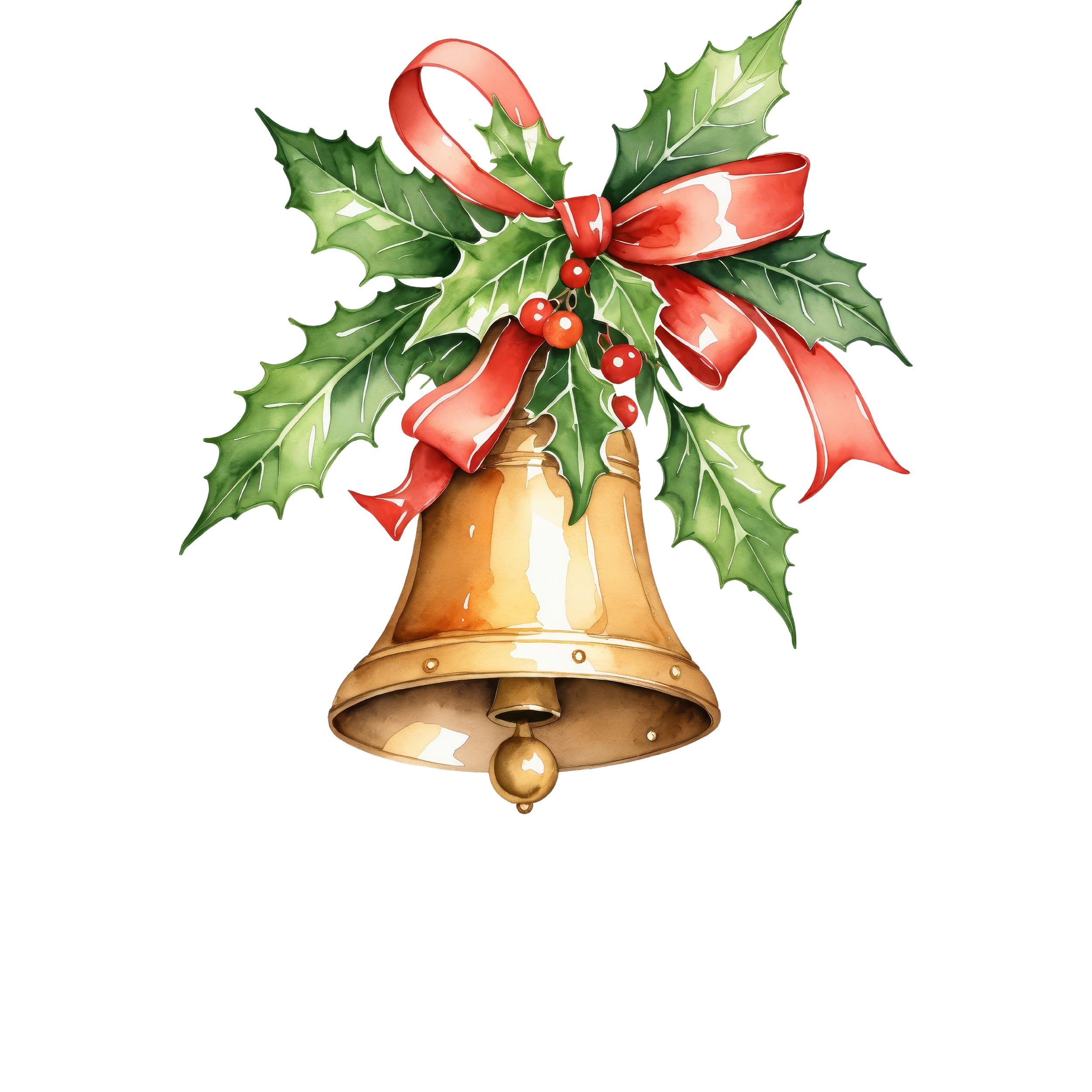 Goldene Weihnachtsglocke mit rotem Band und Stechpalme.