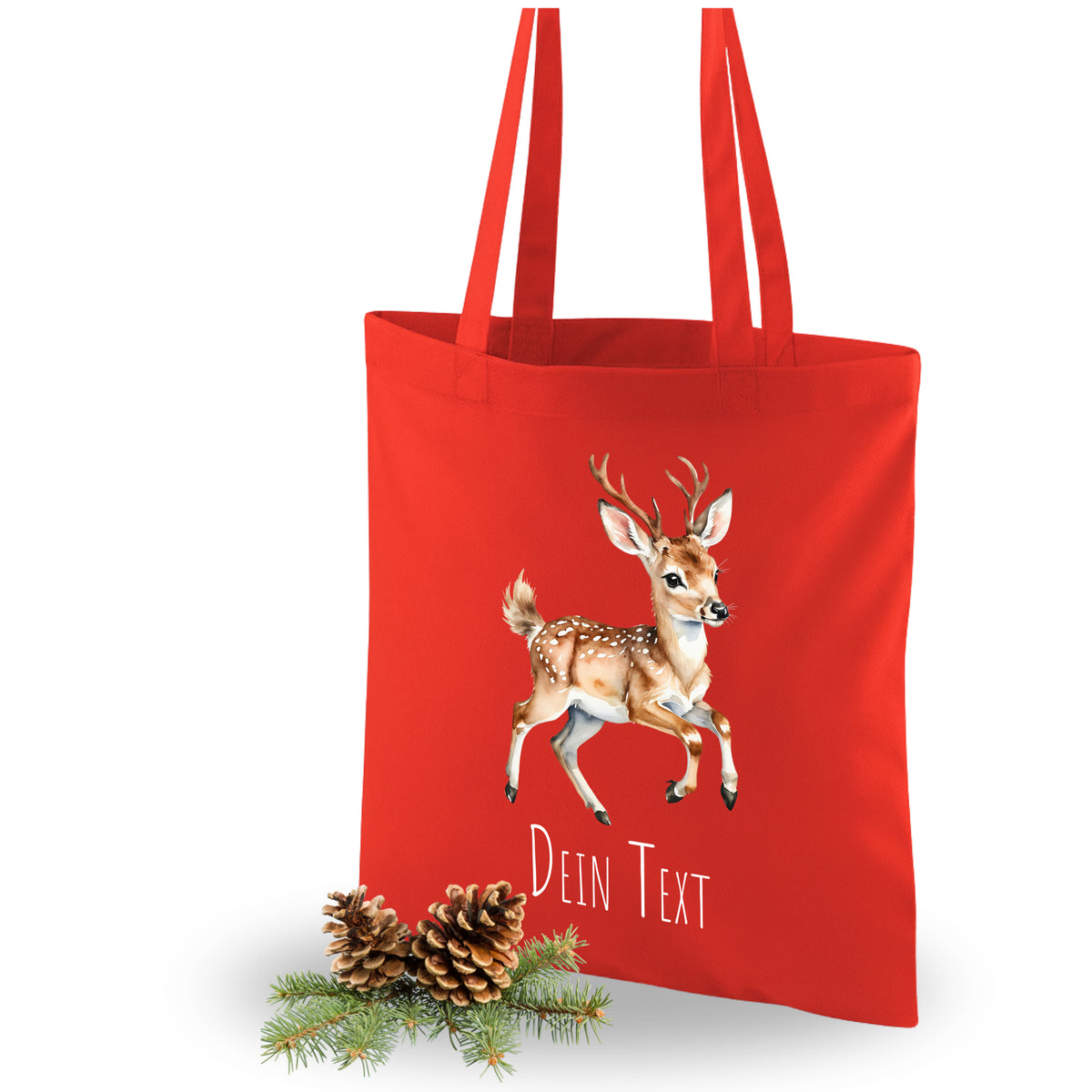 Rote Tragetasche mit springendem Reh und personalisierbarem Text.