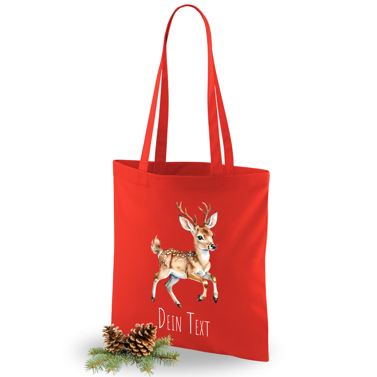 Rote Tragetasche mit Reh-Motiv und personalisierbarem Text