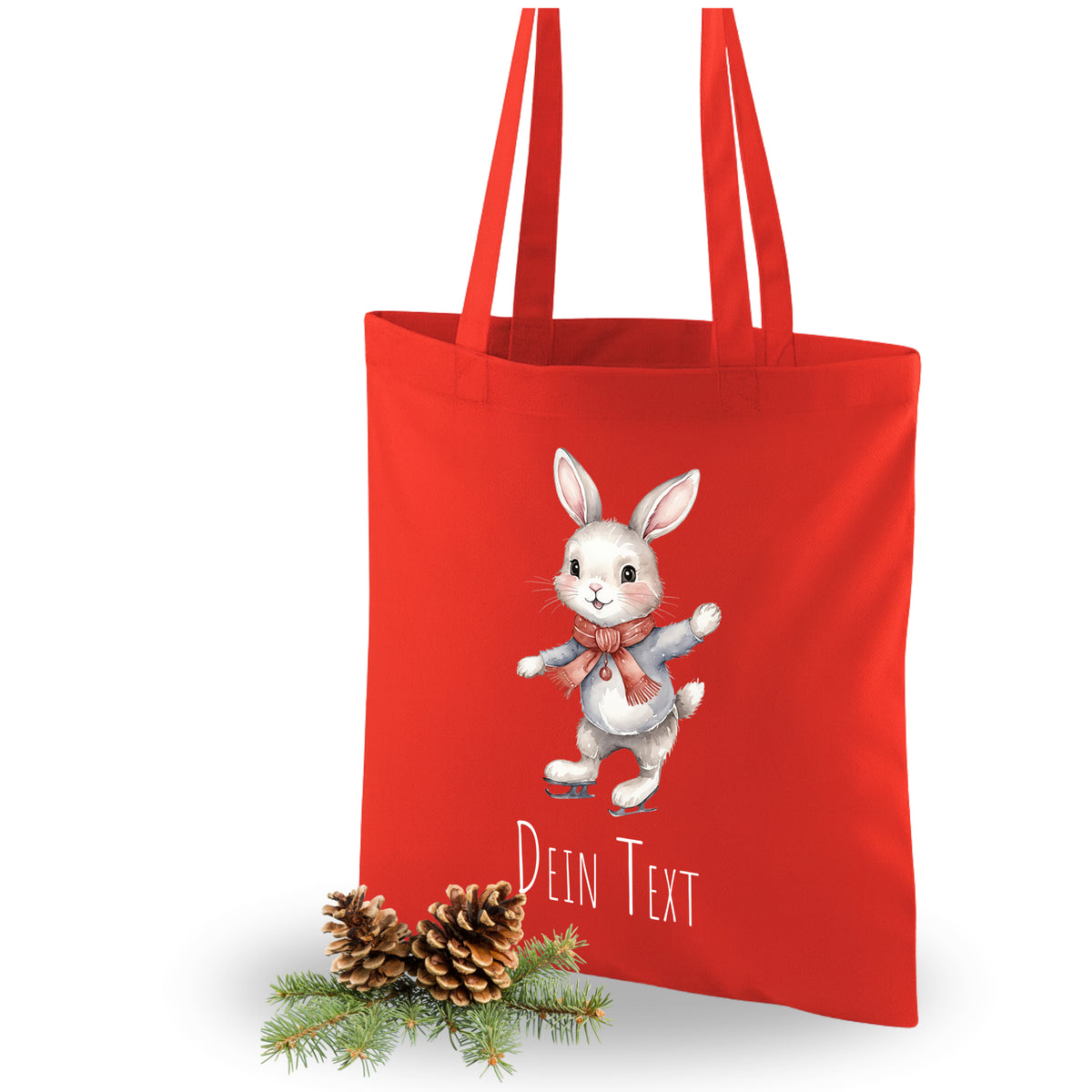 Rote Tasche mit niedlichem Hasenmotiv und personalisierbarem Text.