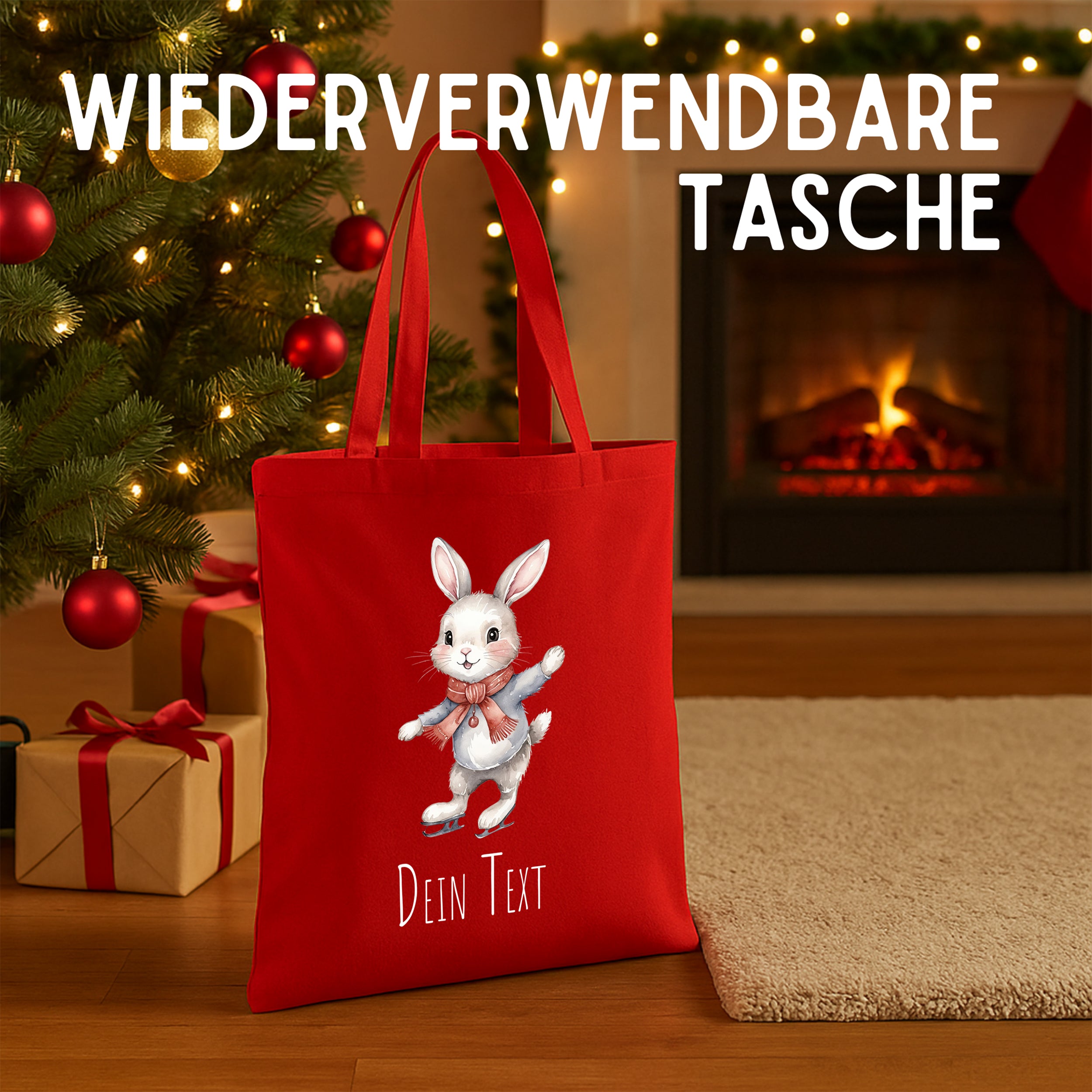 Wiederverwendbare rote Tasche mit Hase und personalisiertem Text.