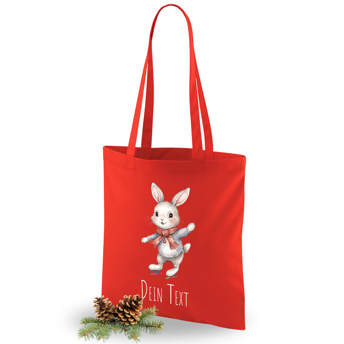 Rote Stofftasche mit Hase und personalisiertem Text.