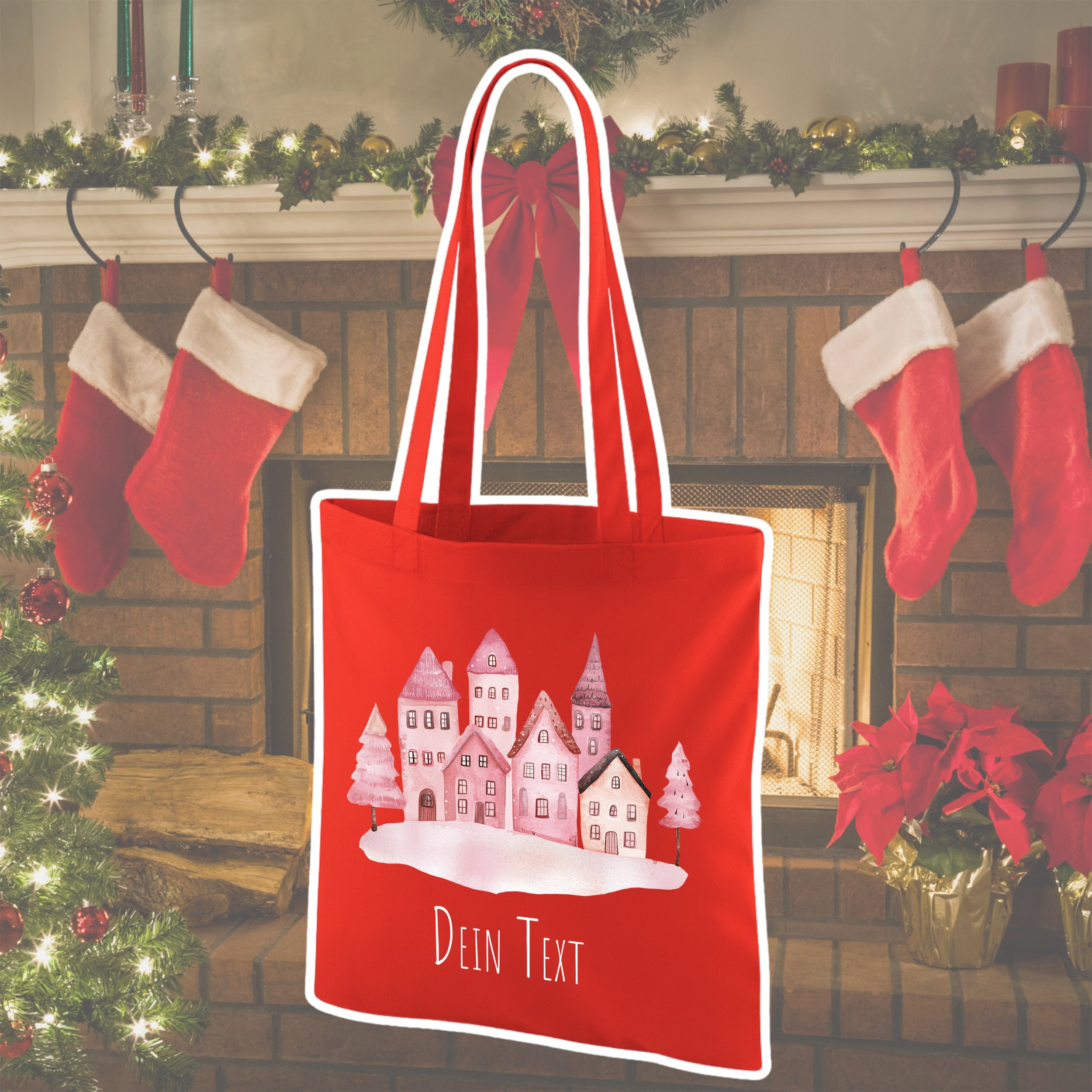 Rote Tragetasche mit winterlichem Hausdesign und Text.