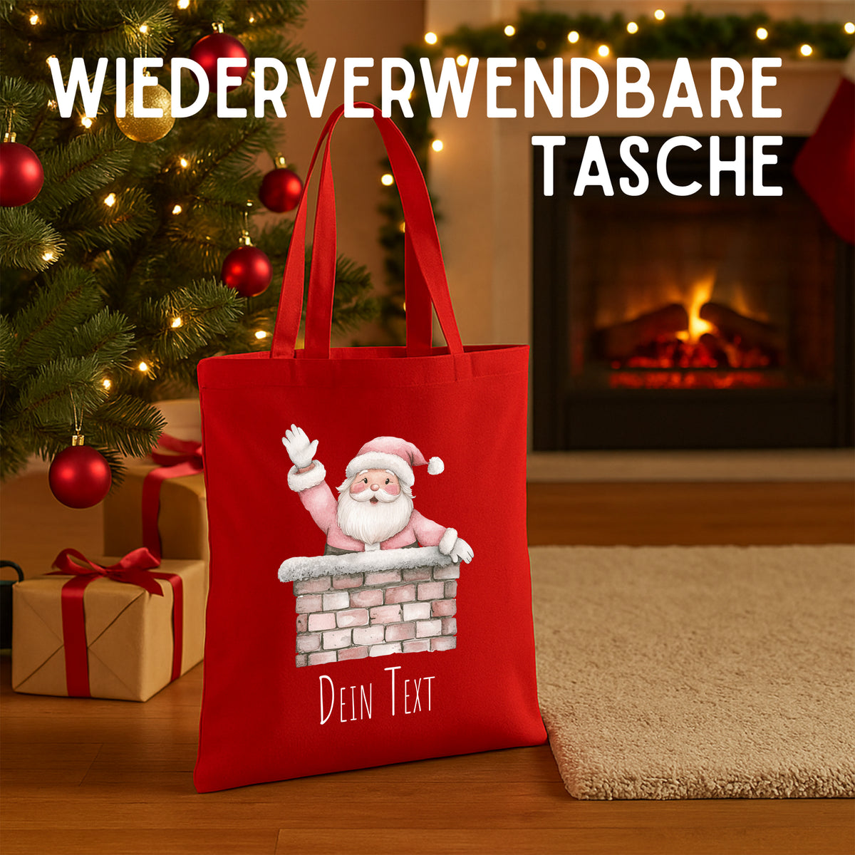 Wiederverwendbare rote Tasche mit Weihnachtsmann-Motiv