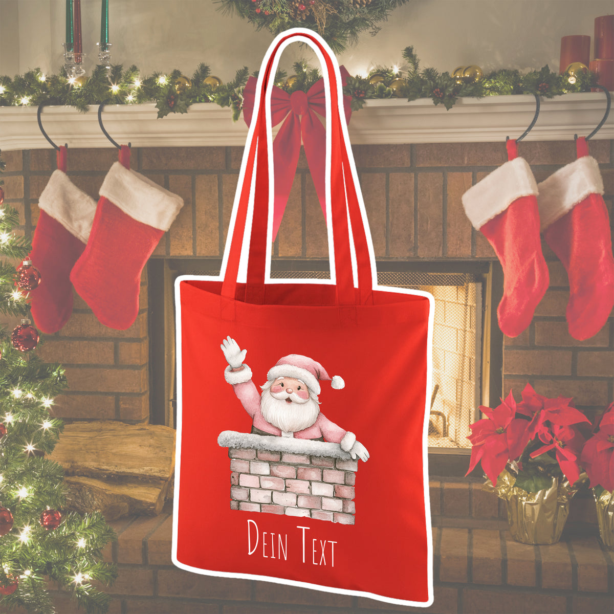 Rote Einkaufstasche mit Weihnachtsmann und personalisiertem Text.
