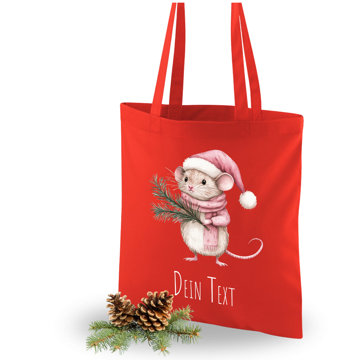 Rote Einkaufstasche mit Weihnachtsmaus und personalisierbarem Text.