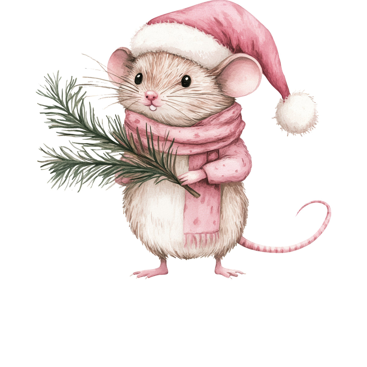 Niedliche Maus mit rosa Weihnachtsmütze und Schal, Tannenzweig.