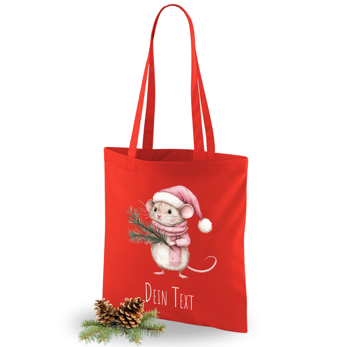 Rote Stofftasche mit Weihnachtsmaus und personalisiertem Text.