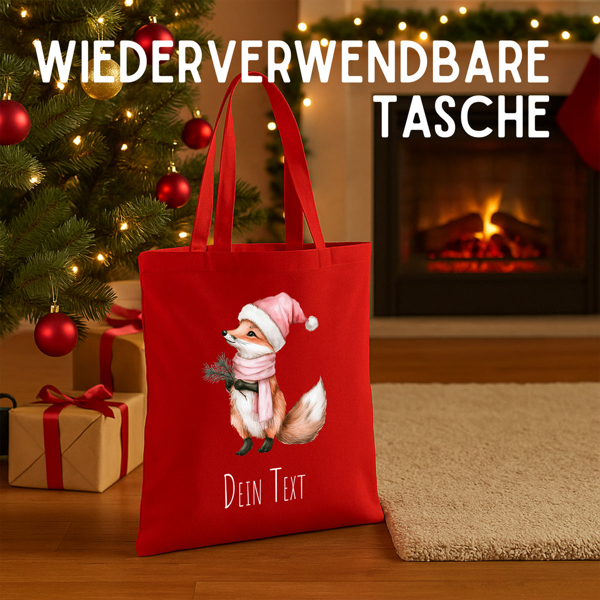 Rote wiederverwendbare Tasche mit Fuchsdesign und personalisierbarem Text.