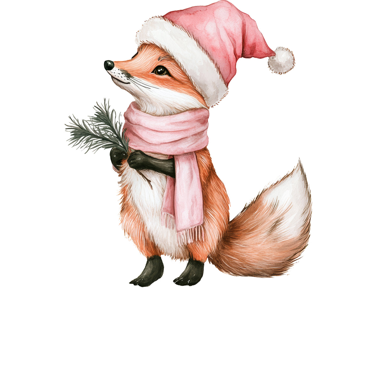 Fuchs mit rosa Weihnachtsmütze und Schal, hält Tannenzweig.