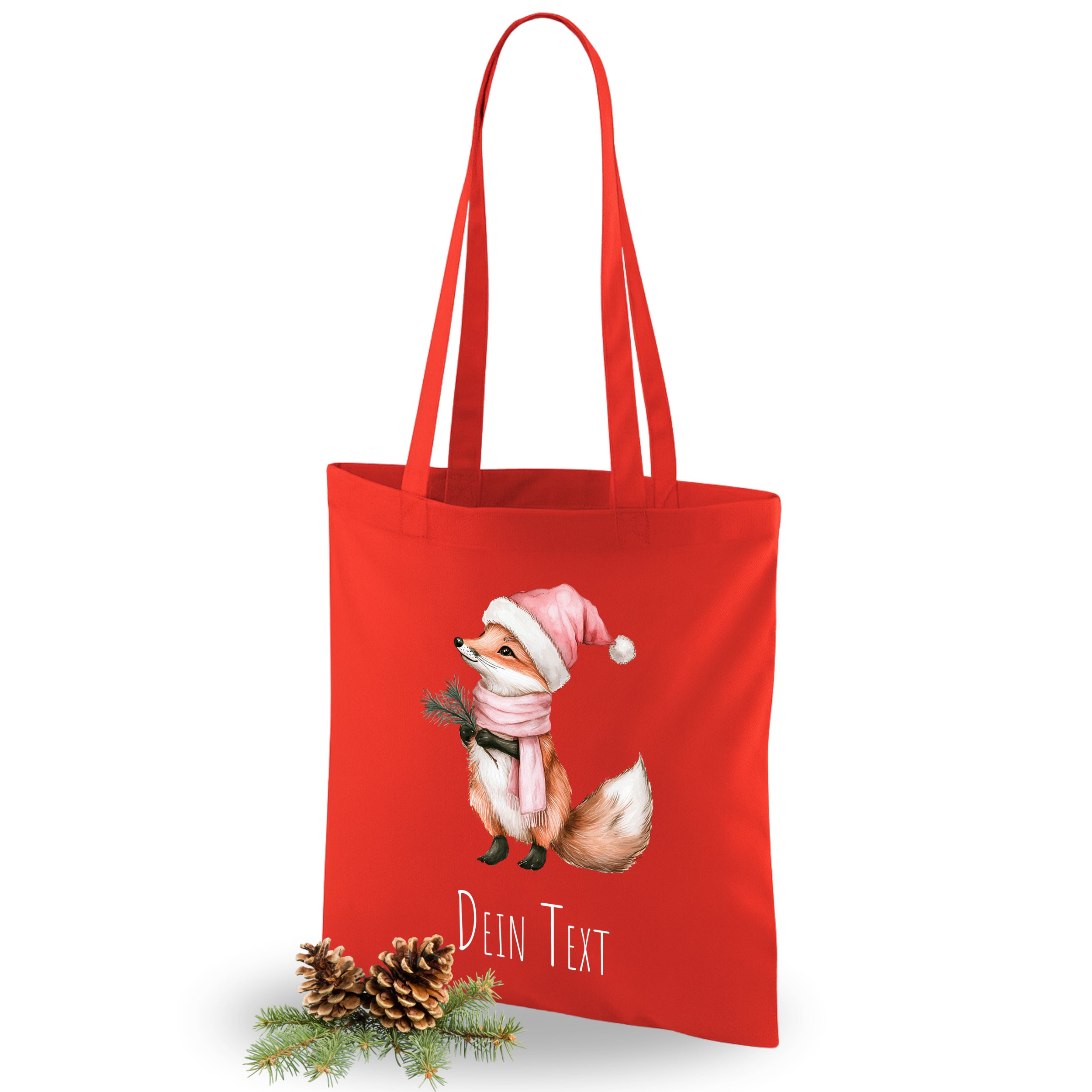 Rote Tragetasche mit Fuchs-Motiv und personalisierbarem Text.