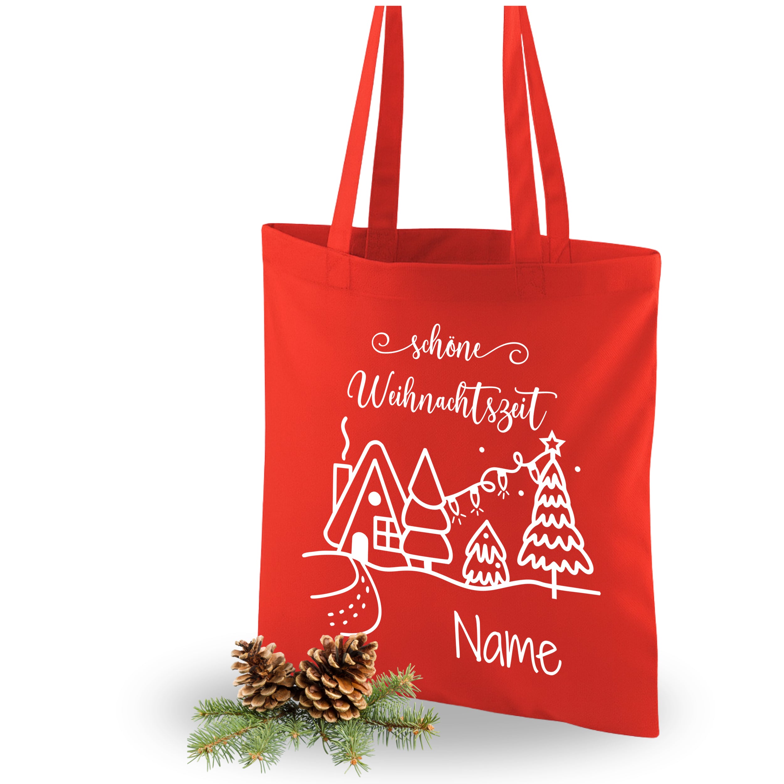 Rote Weihnachts-Tasche mit Haus, Baum und personalisiertem Namen.
