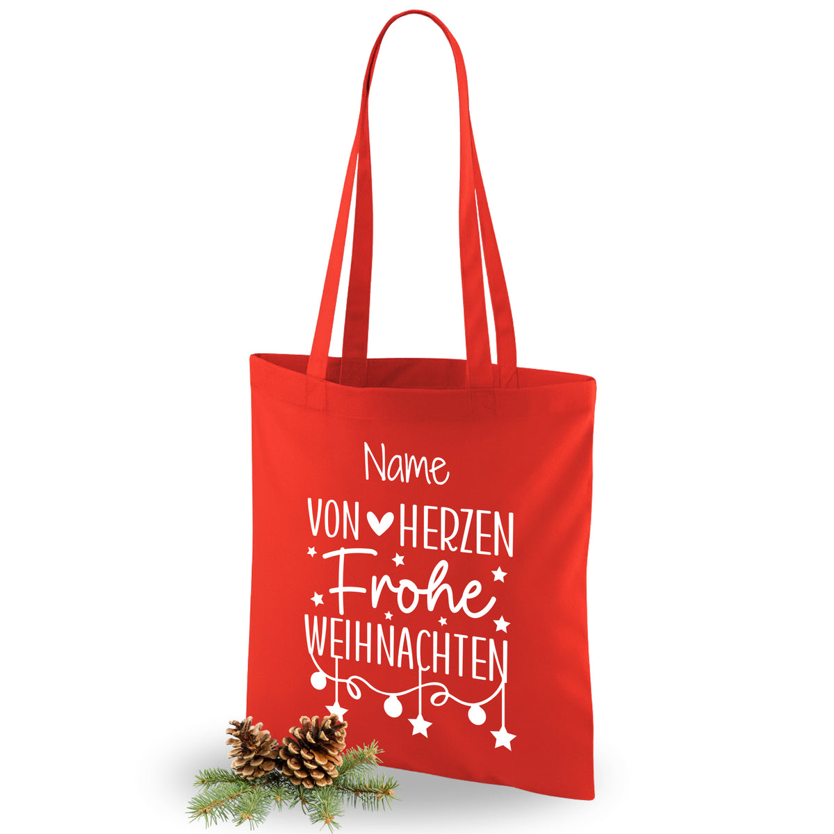 Rote Stofftasche mit Weihnachtsmotiv und personalisierbarem Namen.