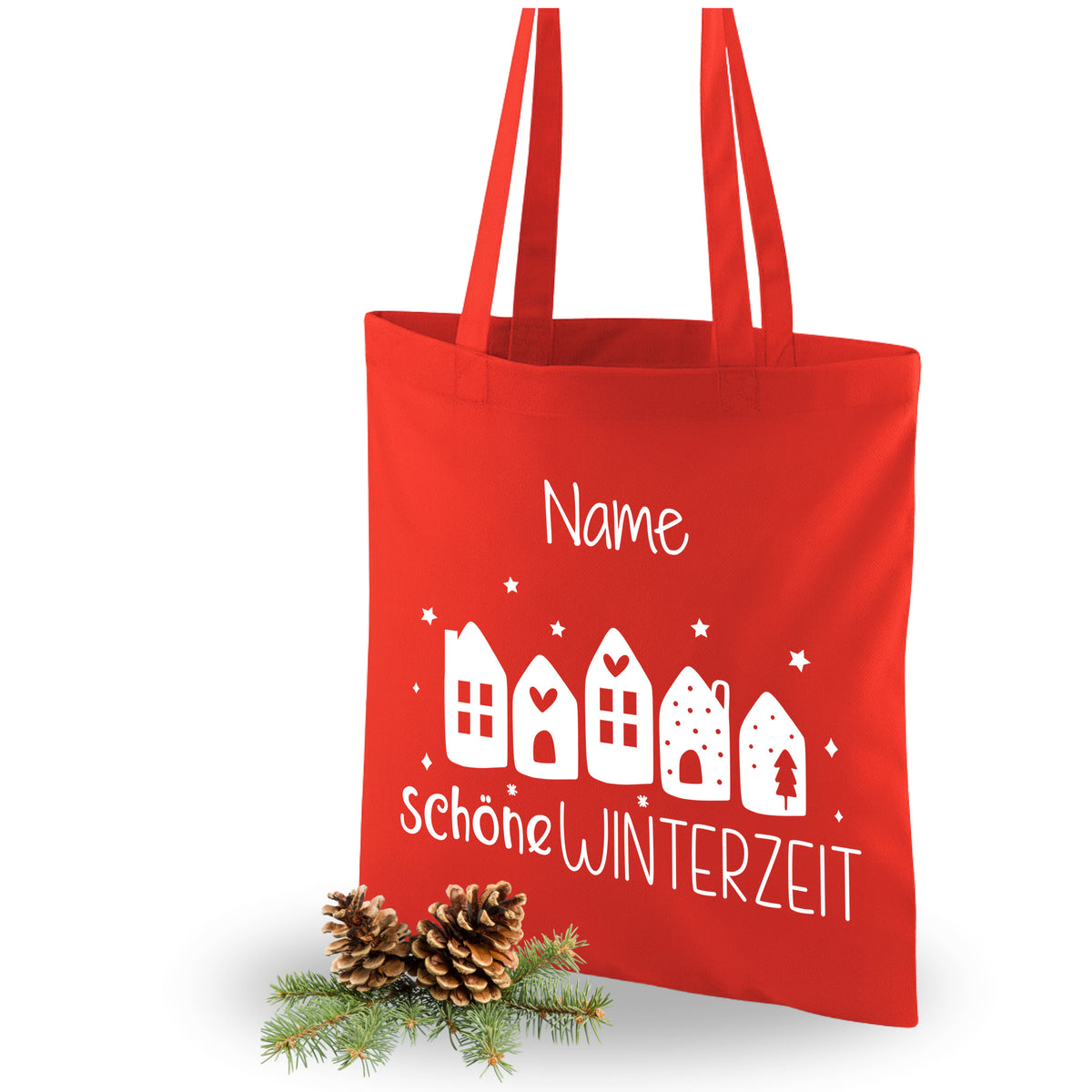 Rote Tragetasche mit winterlichem Motiv und personalisierbarem Namen.