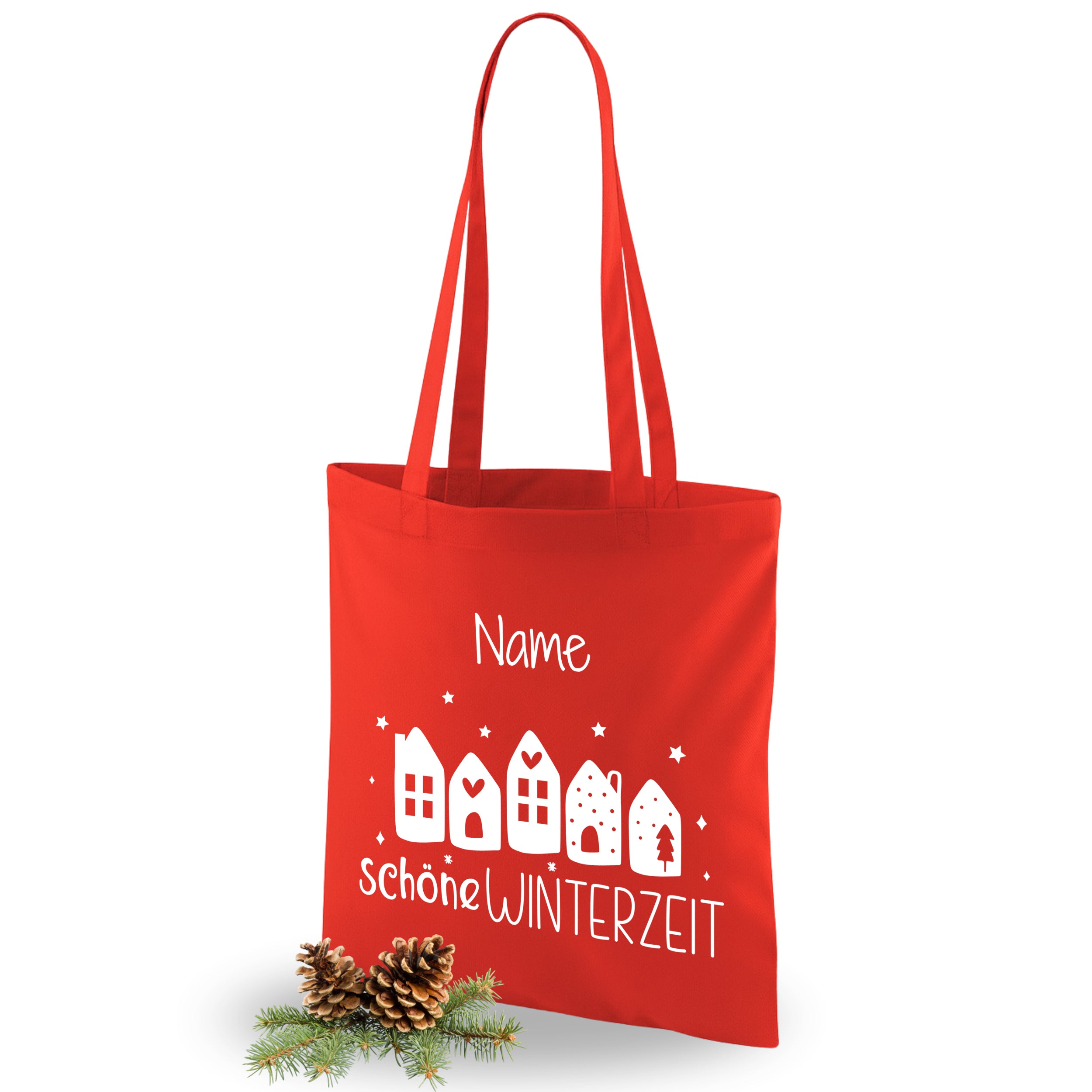Rote Stofftasche mit weißen Wintermotiven und Text.