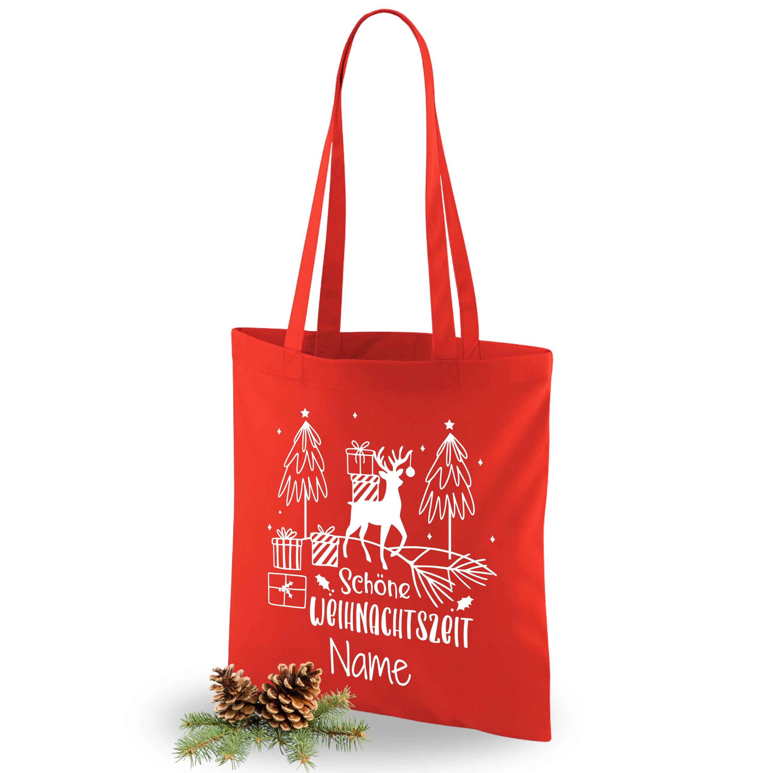 Rote Weihnachts-Tasche mit weißen Motiven und personalisierbarem Text.