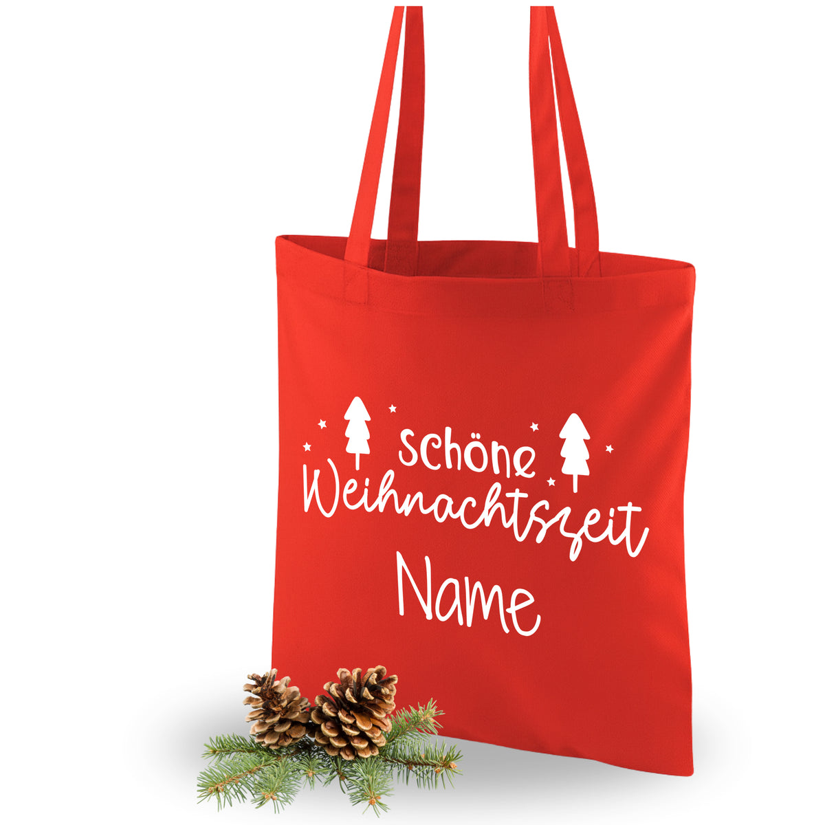 Rote Baumwolltasche mit Weihnachtsmotiv und personalisierbarem Namen.