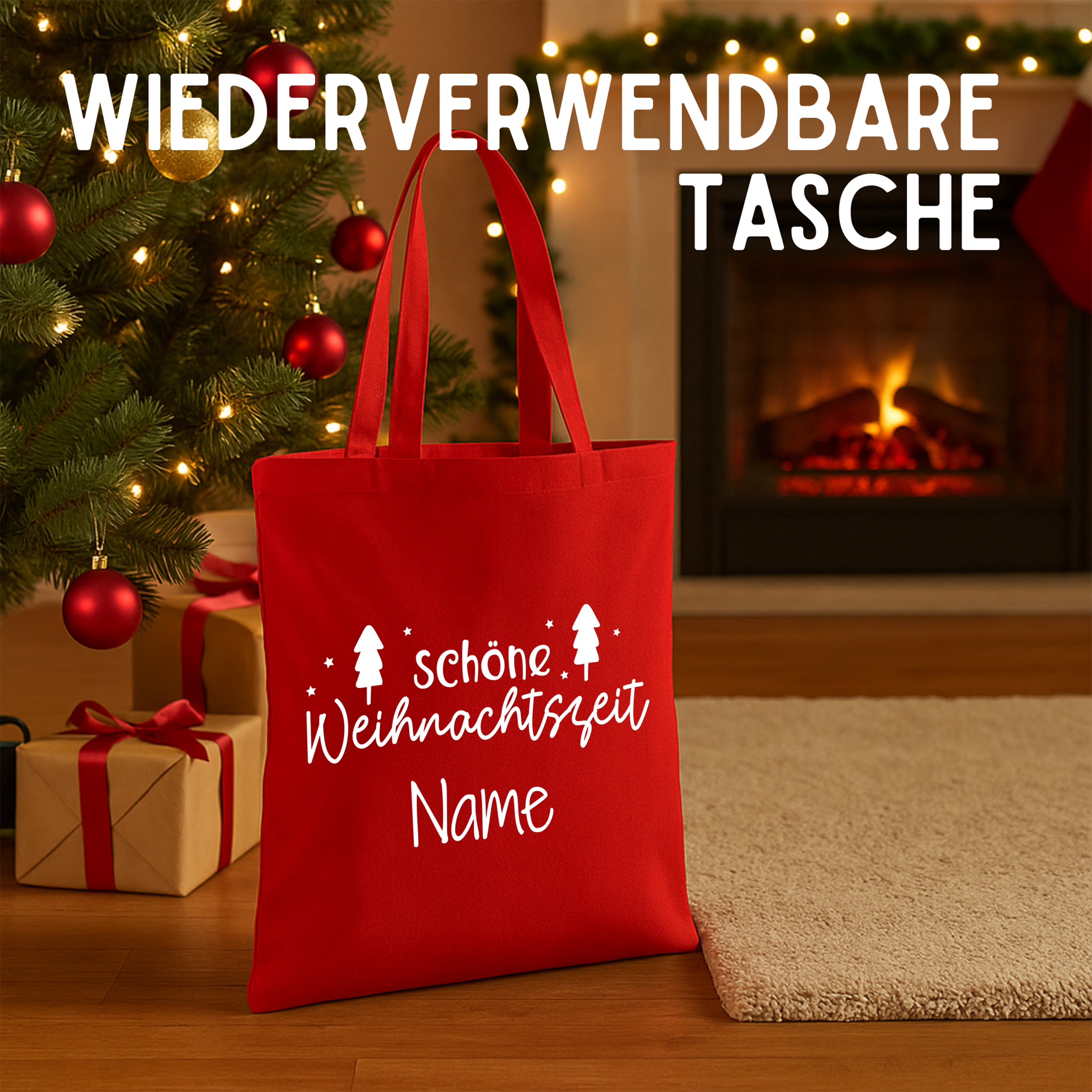 Rote wiederverwendbare Tasche mit Weihnachtsmotiv und personalisierbarem Namen.
