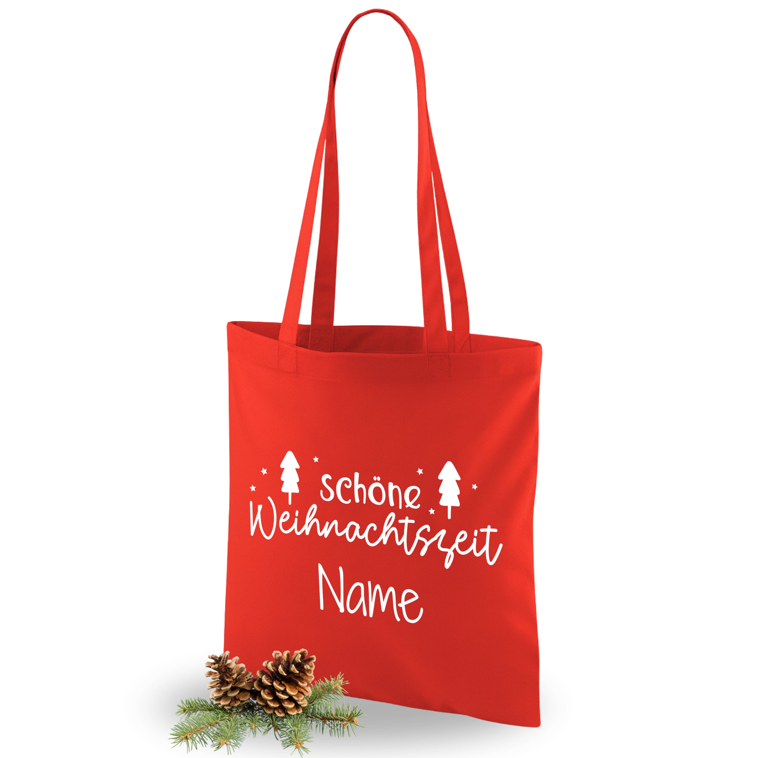 Rote Stofftasche mit Weihnachtsmotiv und personalisierbarem Namen.