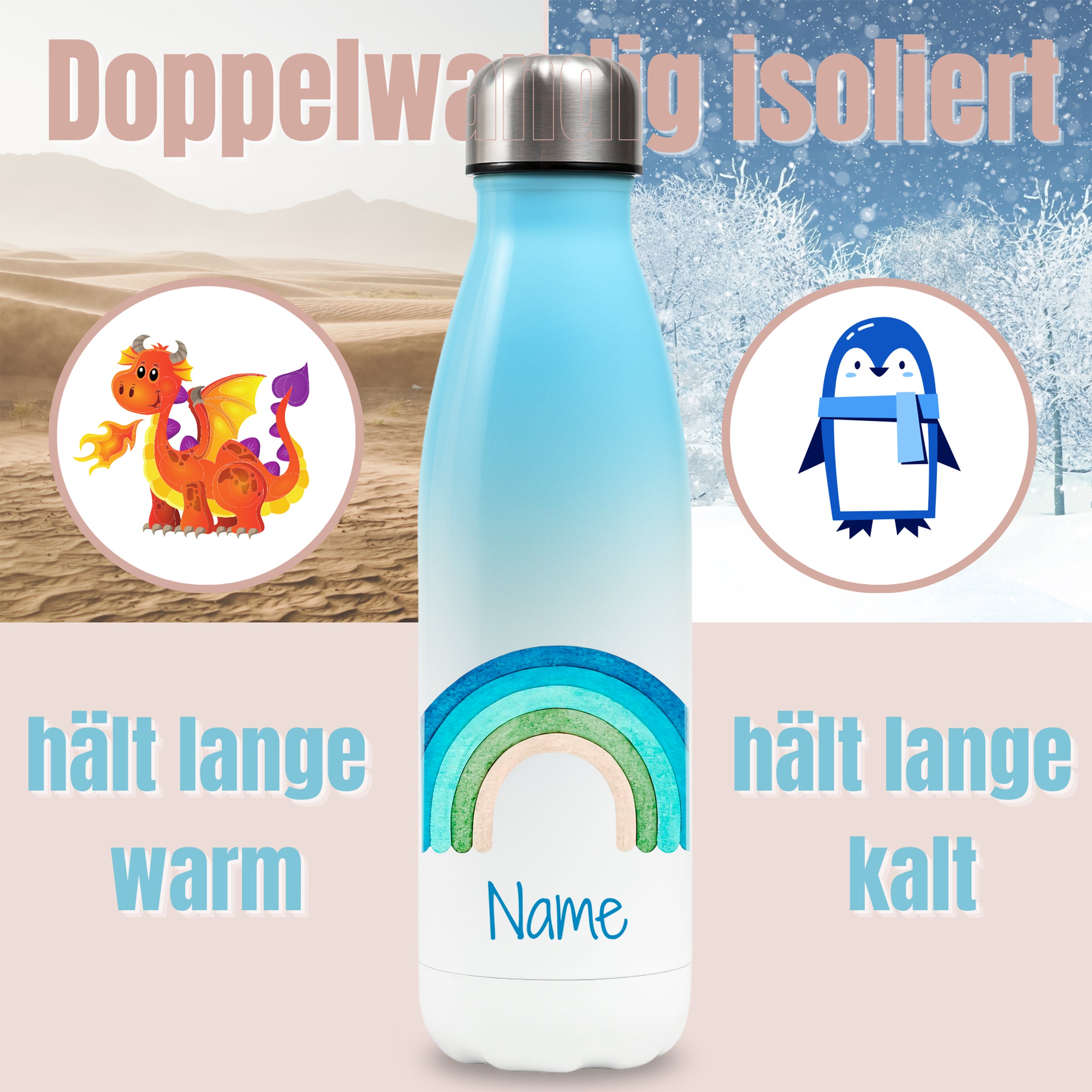 Thermosflasche Blau mit Regenbogen