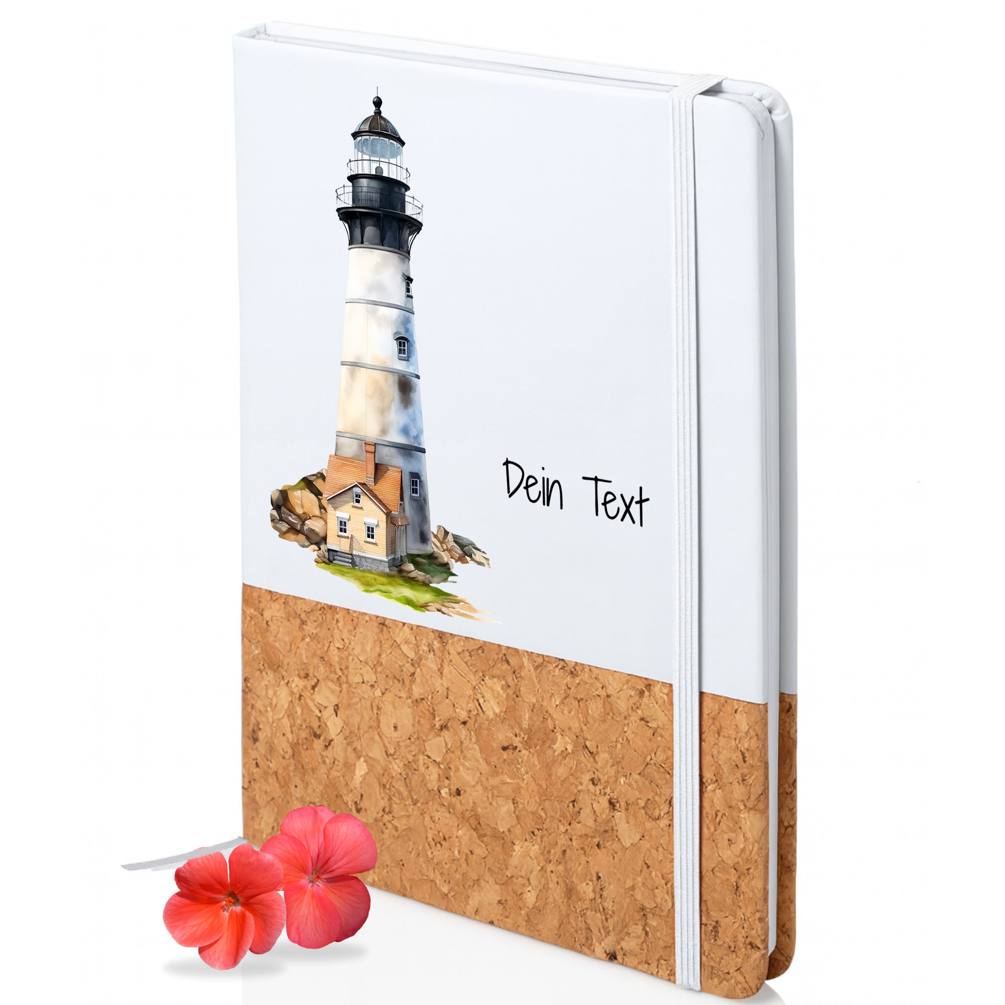 Notizbuch mit Leuchtturmmotiv und personalisierbarem Text