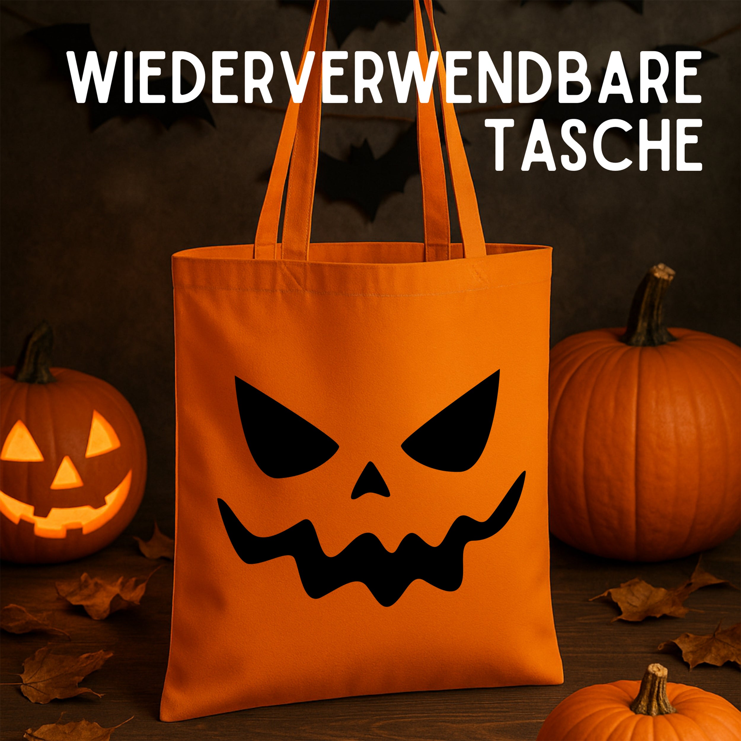 Wiederverwendbare orange Tasche mit gruseligem Gesicht.