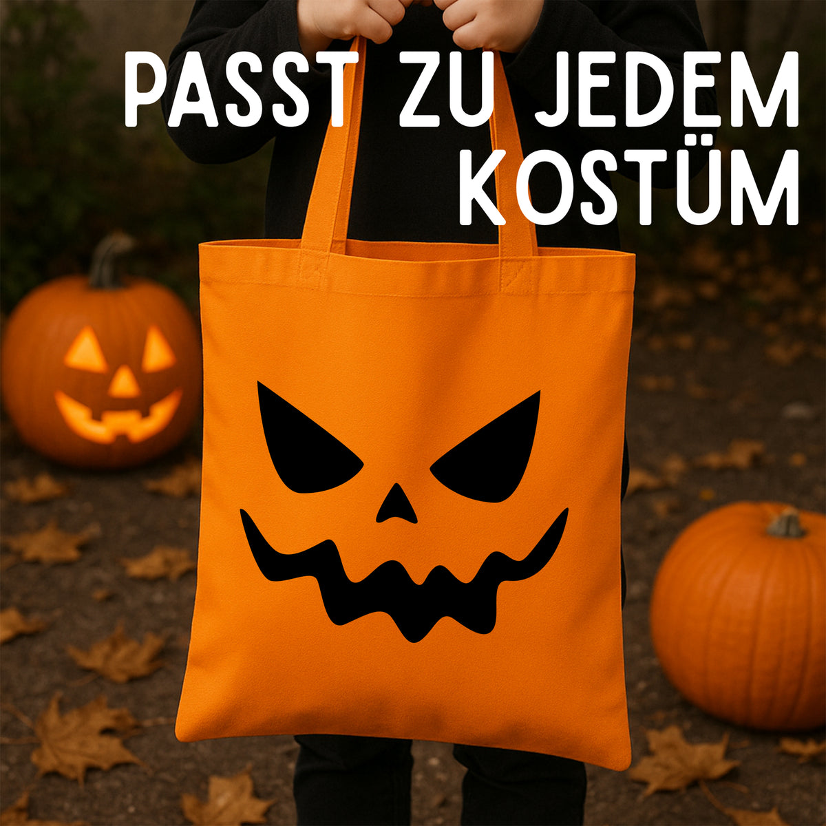 Orangefarbene Tasche mit grimmigem Kürbis-Gesicht.