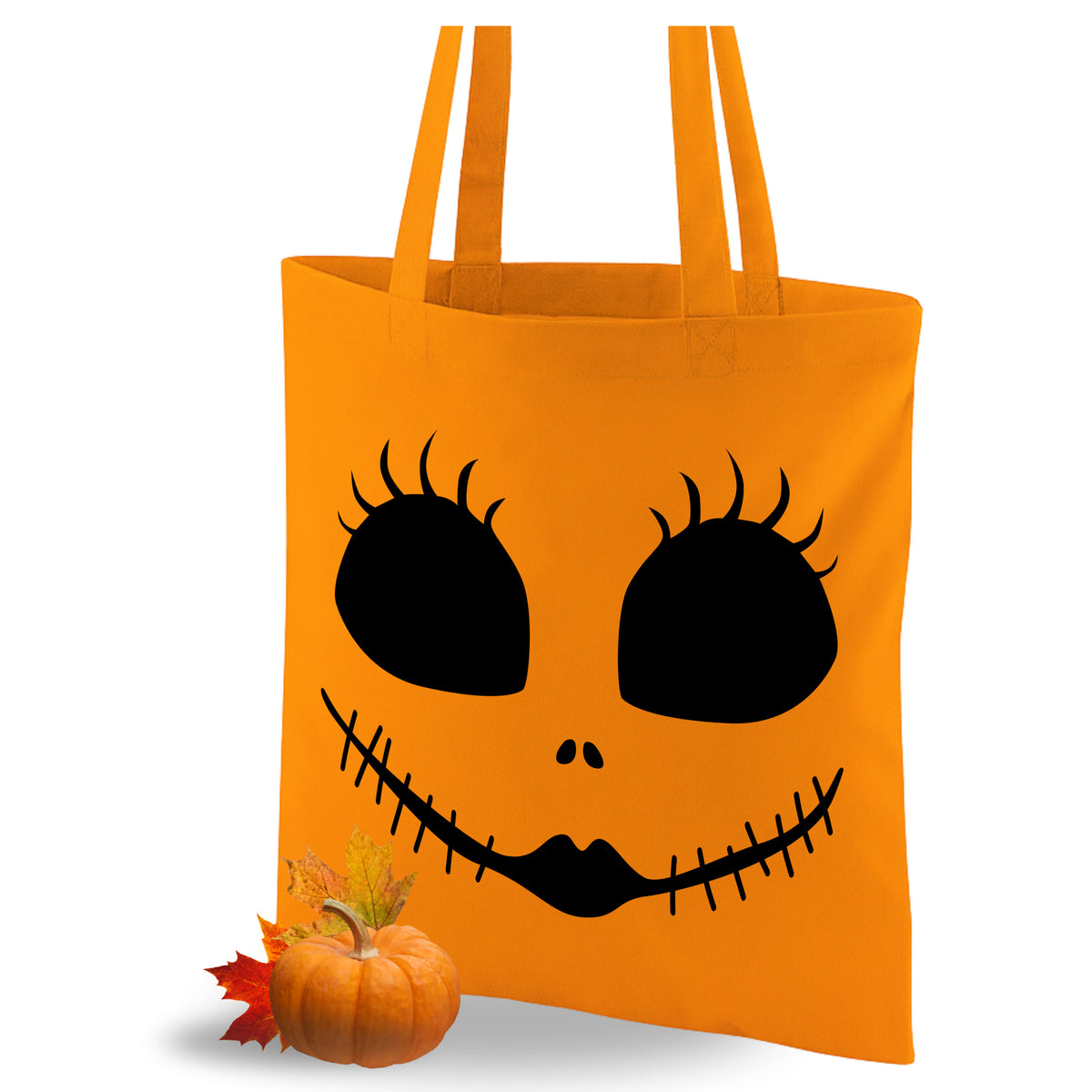 Orangene Tragetasche mit schwarzem Totenkopf-Gesicht.