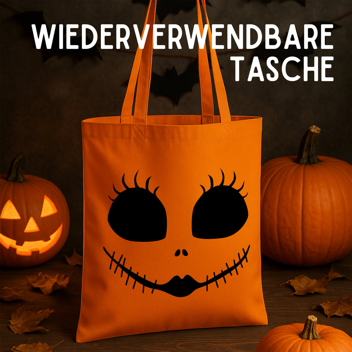Wiederverwendbare orange Tasche mit schwarzem Gesichtsdesign.