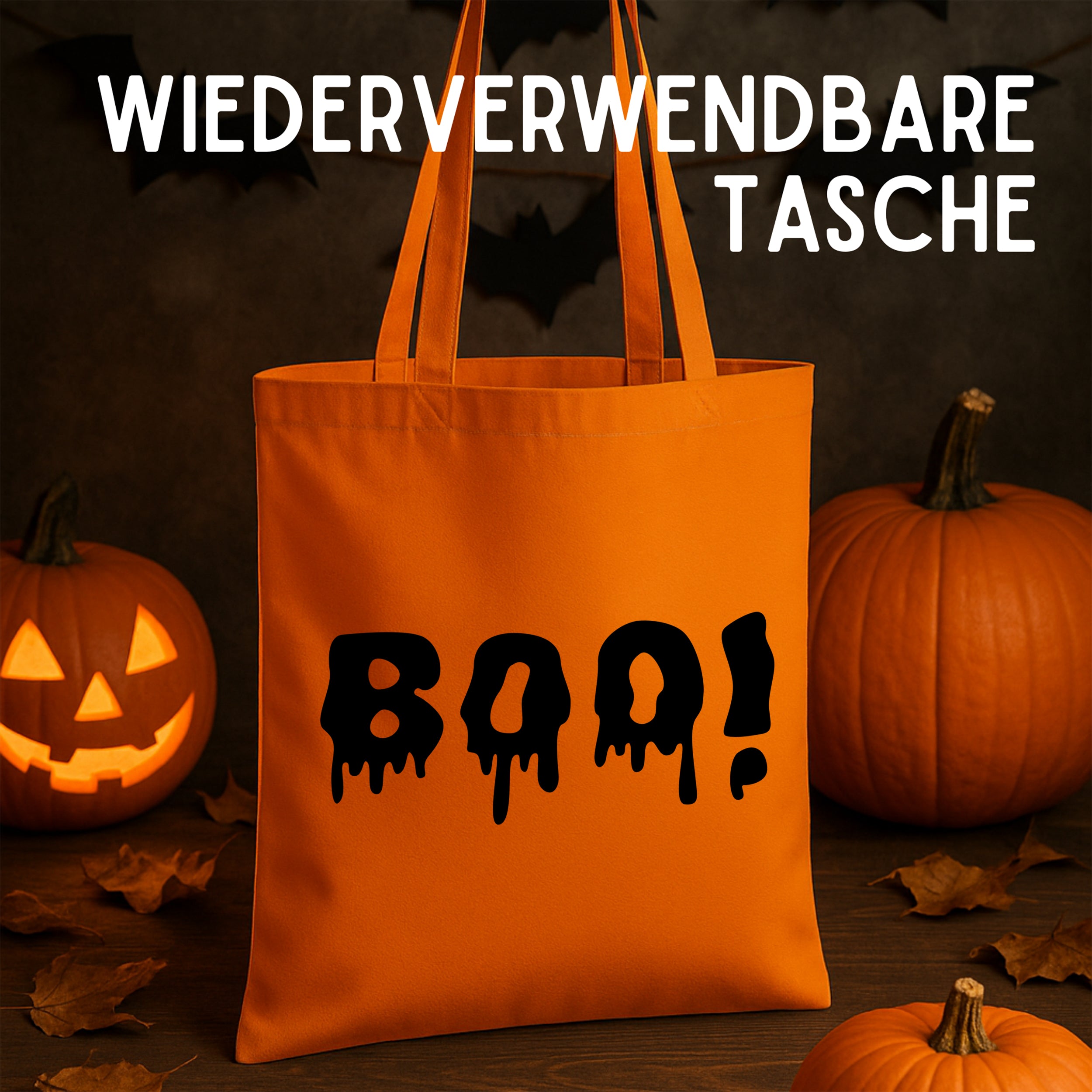 Wiederverwendbare orange Tasche mit schwarzem "BOO!"-Schriftzug.