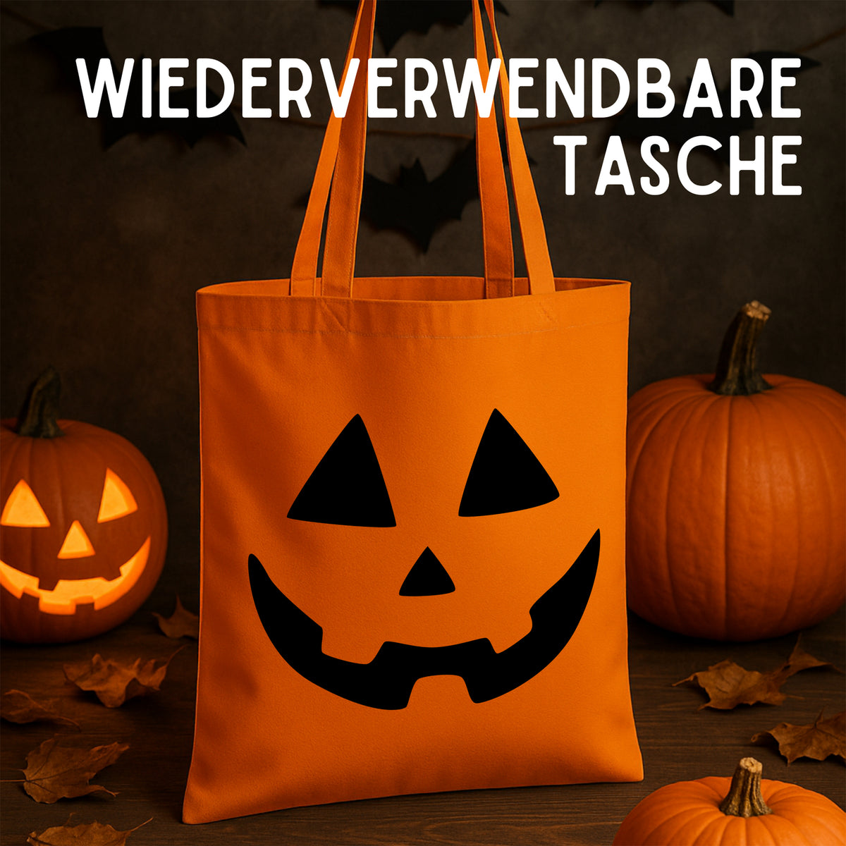Wiederverwendbare orangefarbene Tasche mit schwarzem Kürbisgesicht.