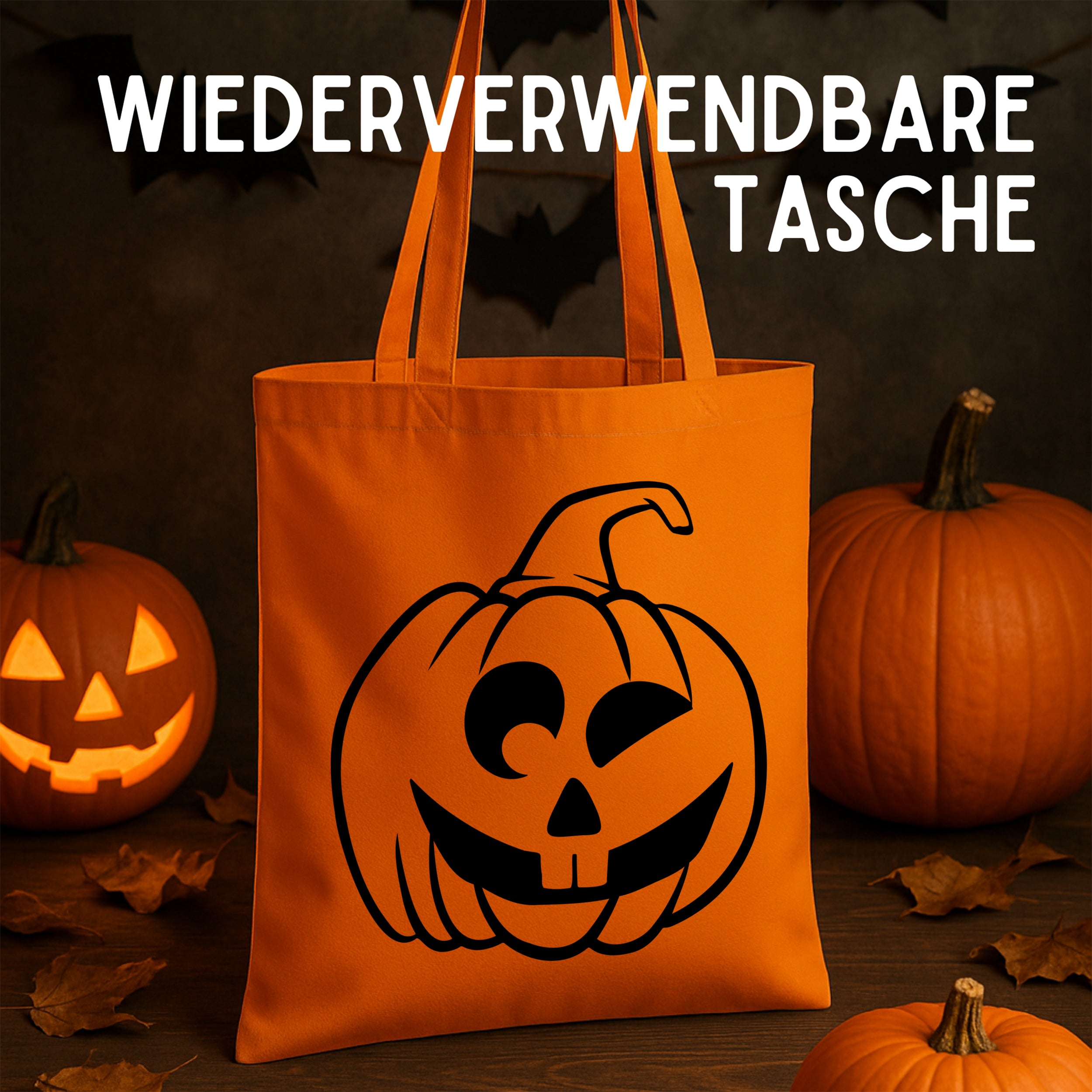 Wiederverwendbare orange Tasche mit Kürbis-Motiv.