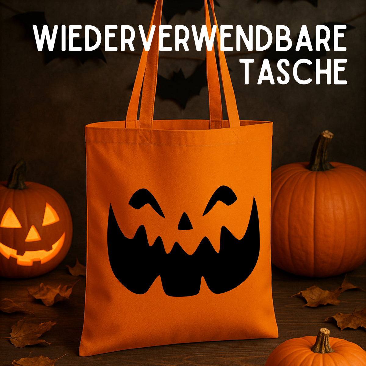 Wiederverwendbare orange Tasche mit schwarzem Kürbisgesicht.