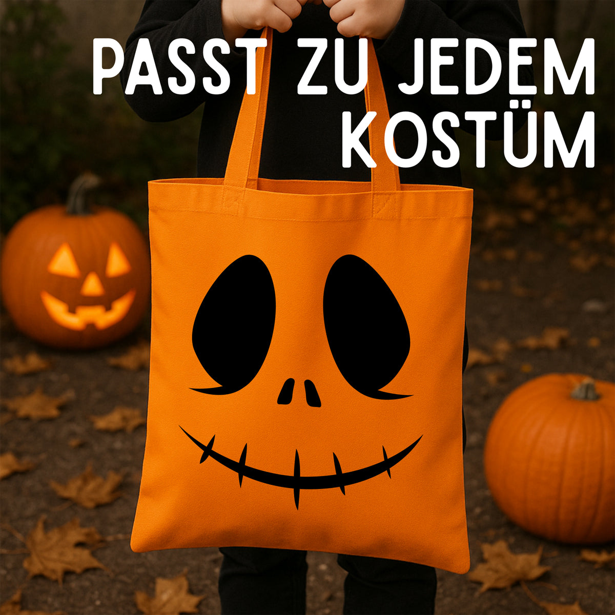 Oranger Stoffbeutel mit schwarzem Totenkopf-Motiv.