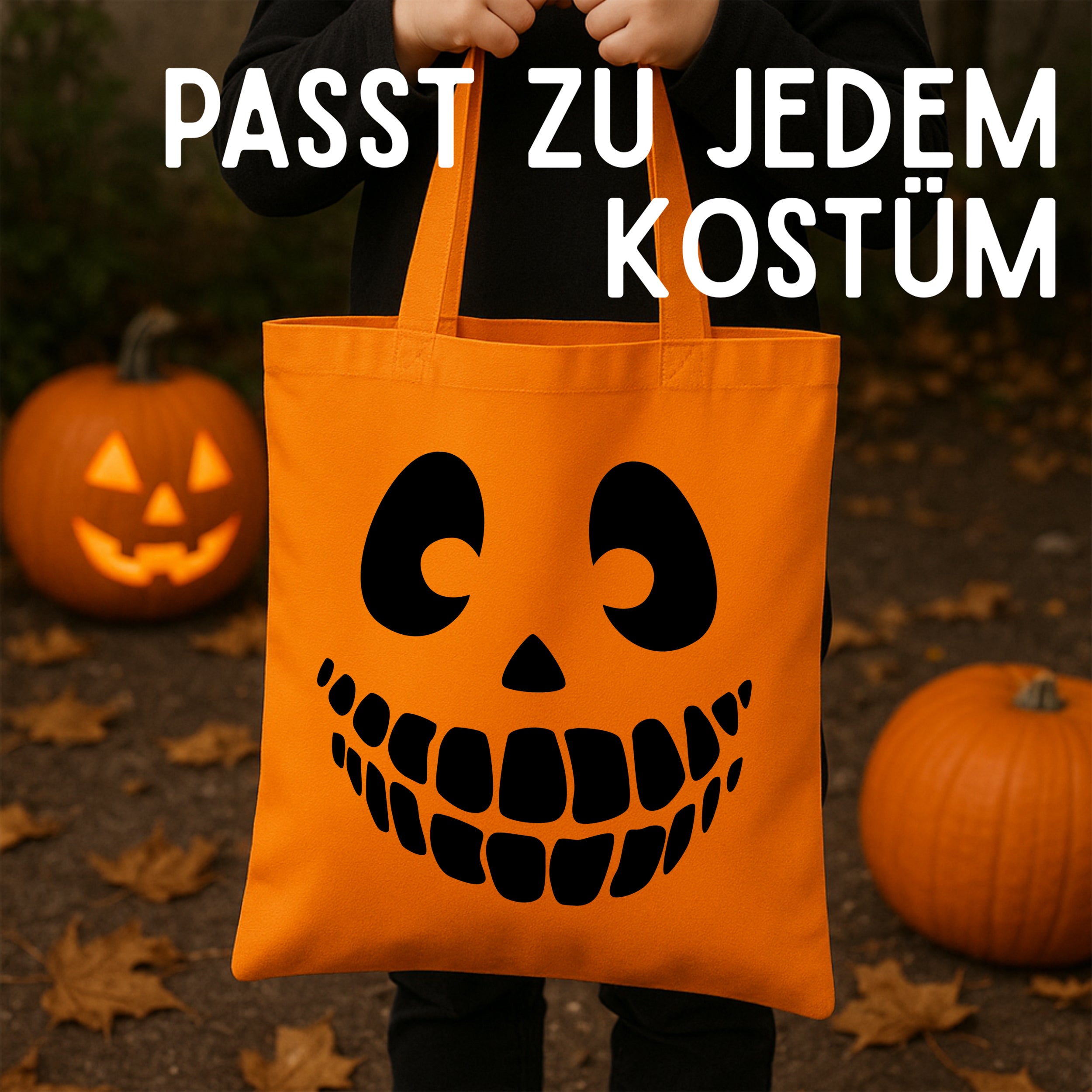 Oranger Stoffbeutel mit schwarzem Totenkopf-Motiv.