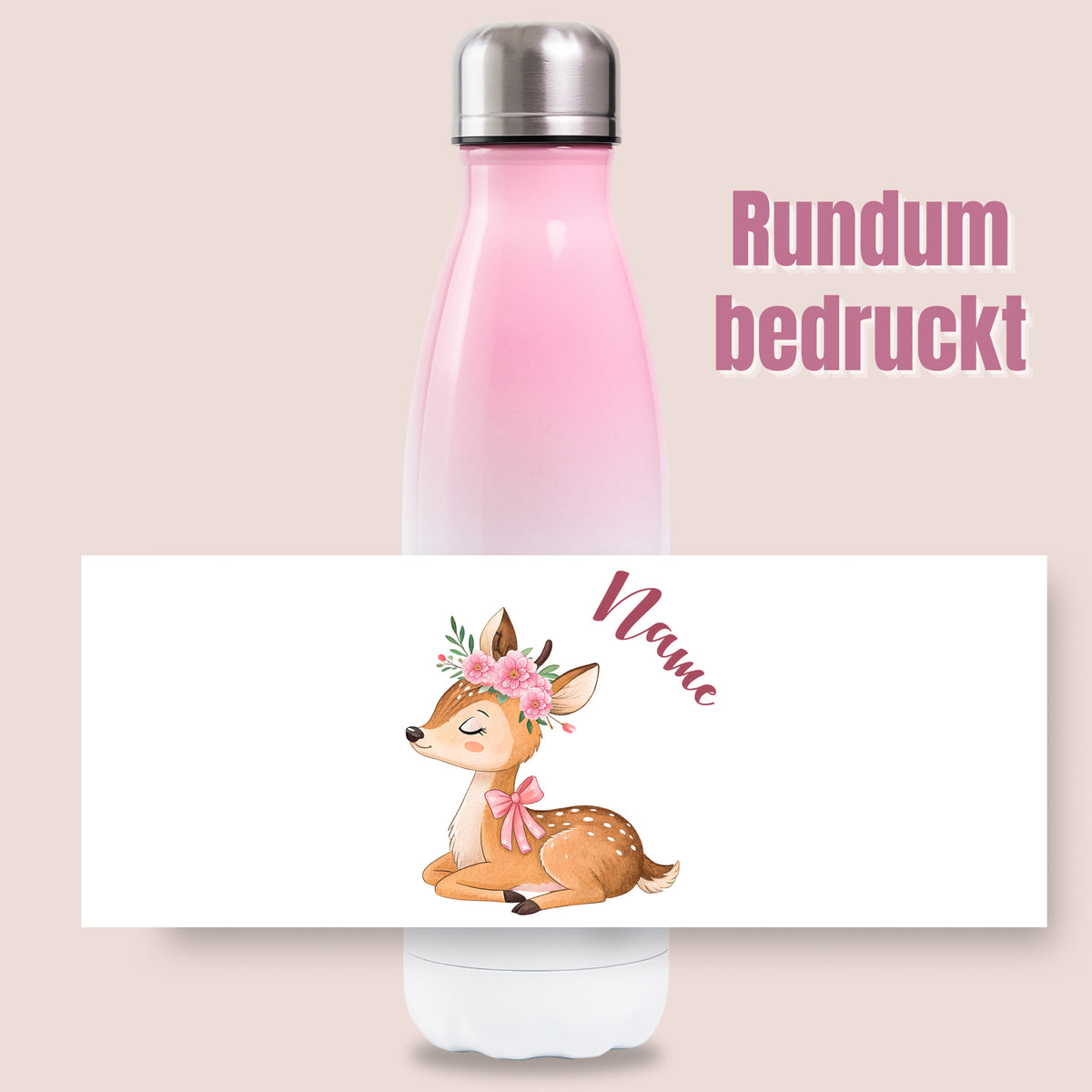 Rosa Thermoflasche mit Rehmotiv und Wunschname vor Produktgrafik