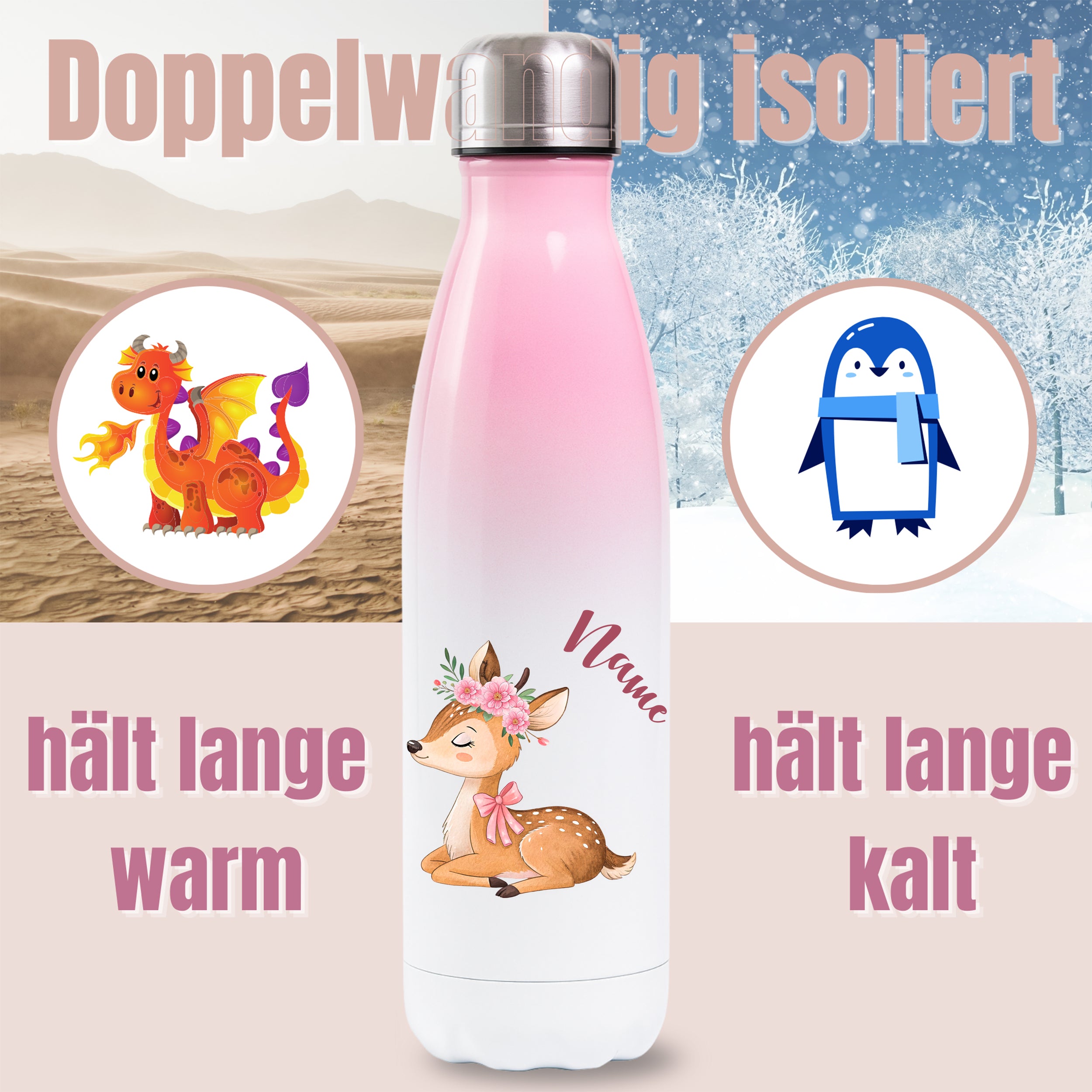 Rosa Thermoflasche mit Rehmotiv und Wunschname, Detailansicht des Druckmotivs