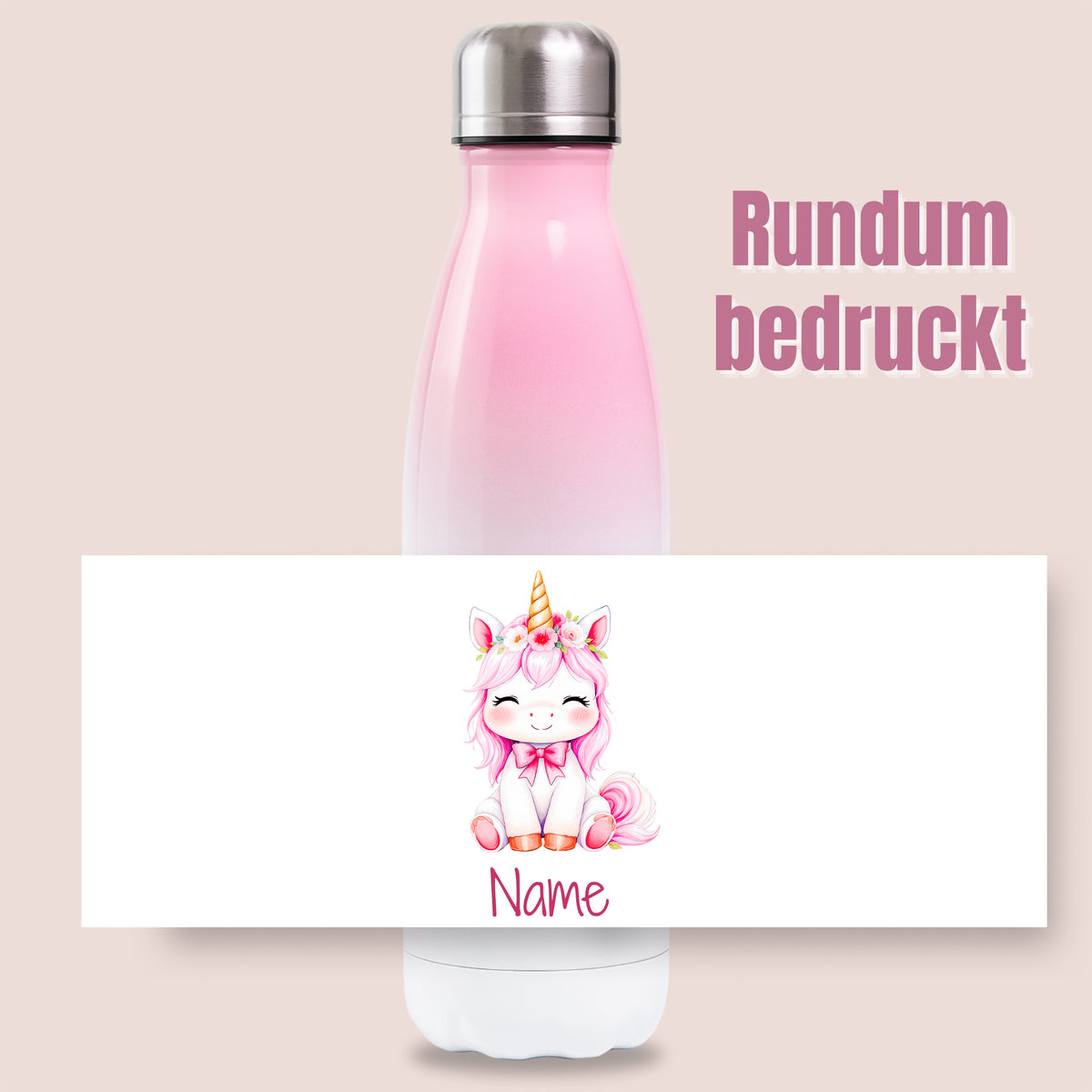 Rosa Thermoflasche mit Einhornmotiv und Wunschname vor Produktgrafik