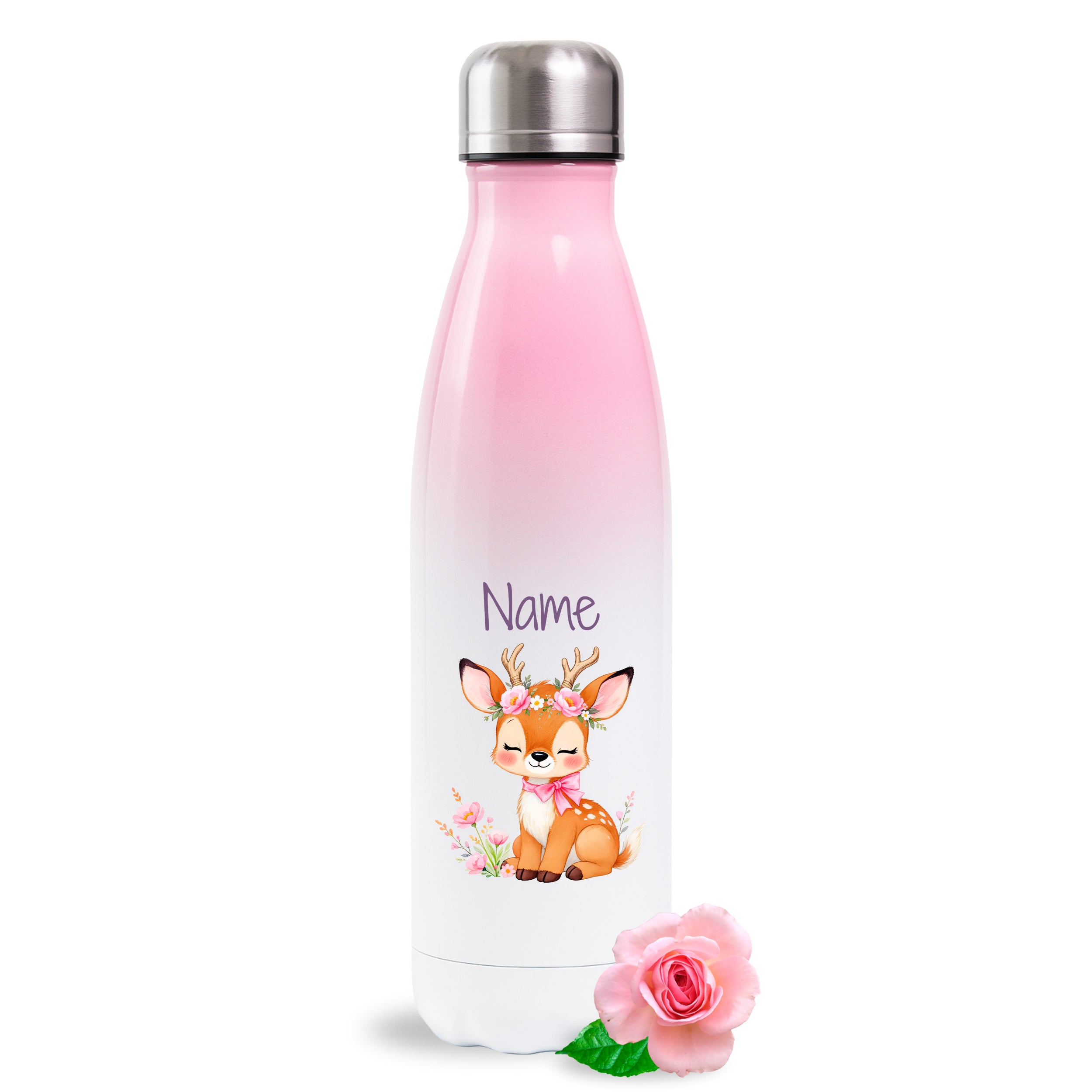 Rosa Thermoflasche mit Rehmotiv und Wunschname
