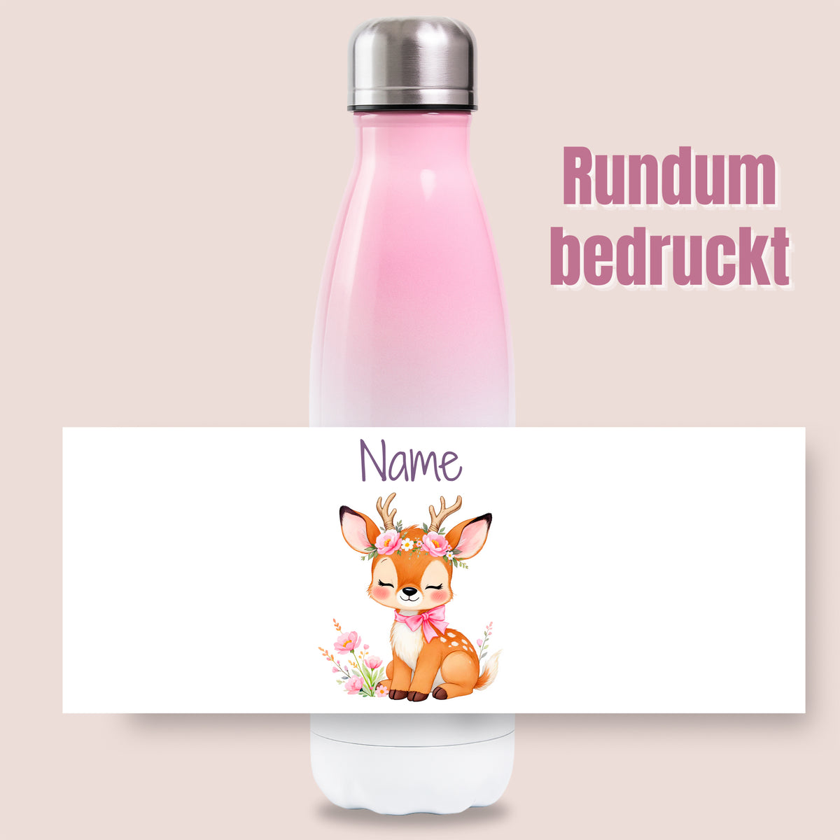 Rosa Thermoflasche mit Rehmotiv und Wunschname vor Produktgrafik