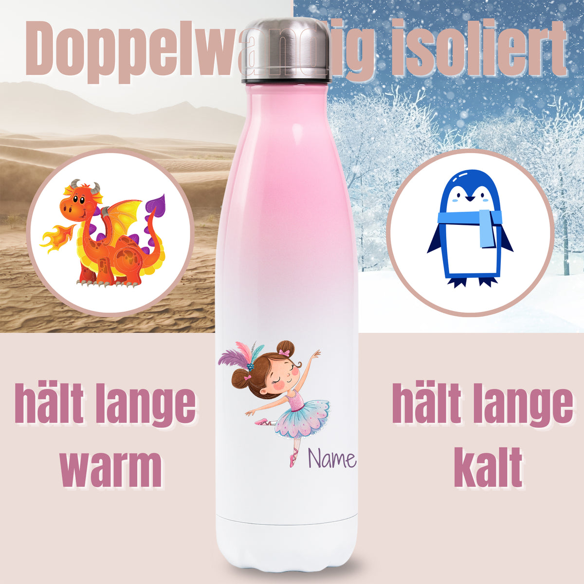 Rosa Thermoflasche mit Ballerina und Wunschname, Detailansicht des Druckmotivs