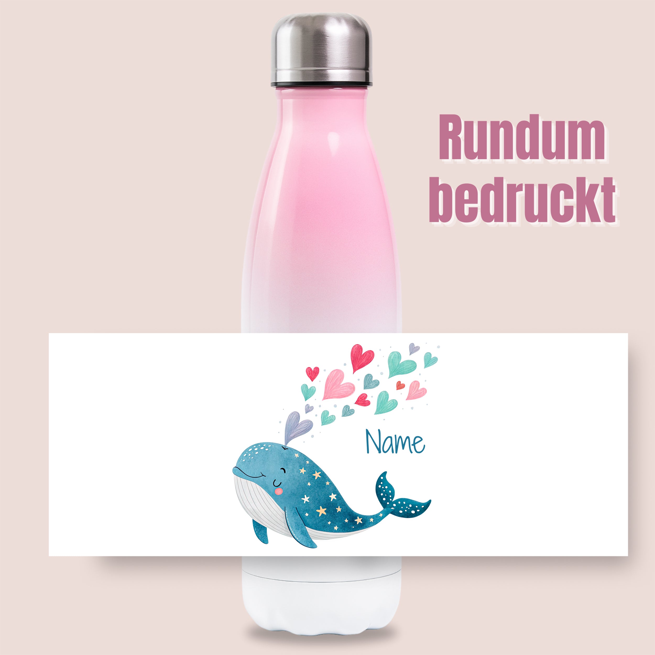 Rosa Thermoflasche mit Walmotiv und Wunschname vor Produktgrafik