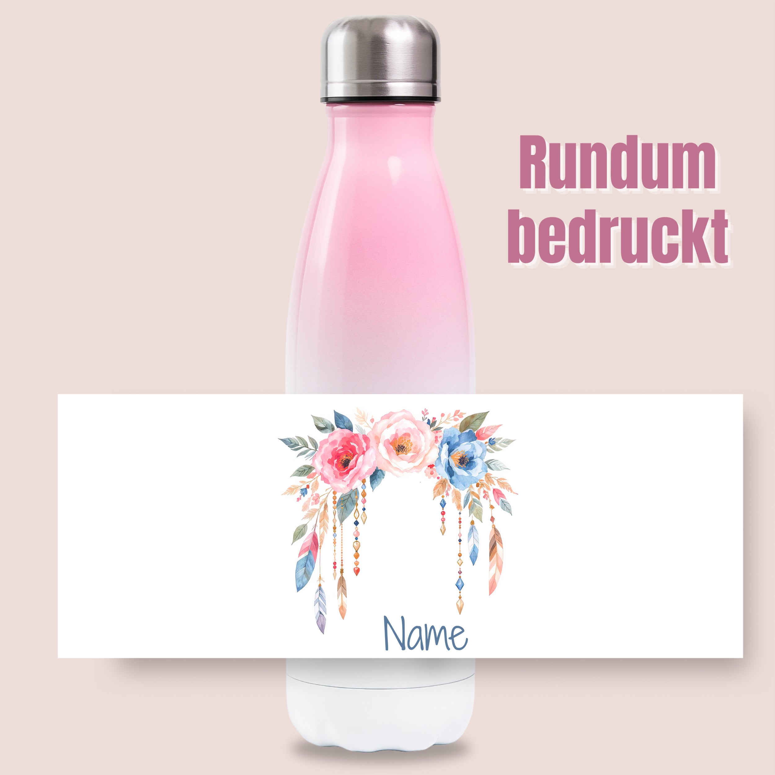 Rosa Thermoflasche mit Blumenmotiv und Wunschname vor Produktgrafik