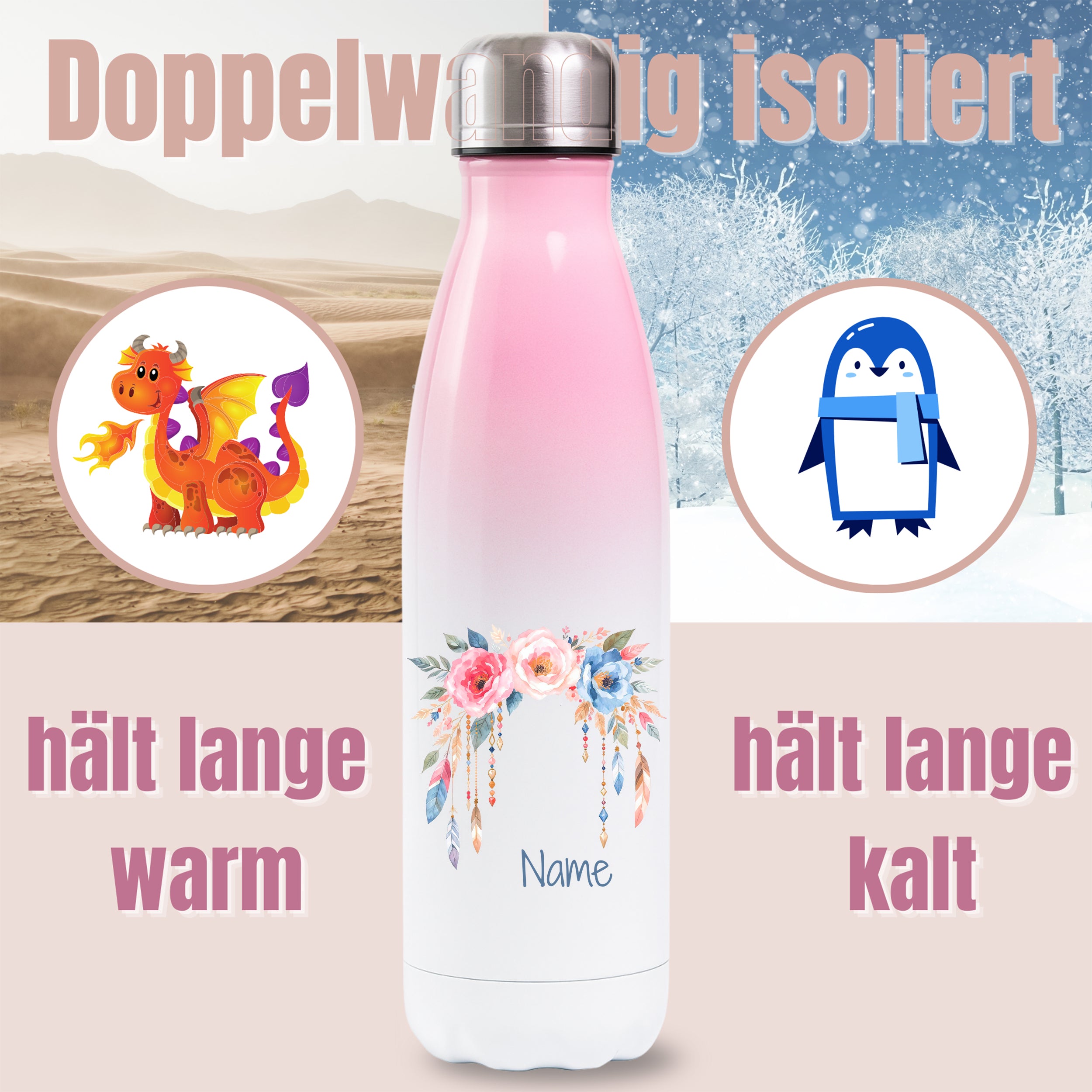 Rosa Thermoflasche mit Blumenmotiv und Wunschname, Detailansicht des Druckmotivs