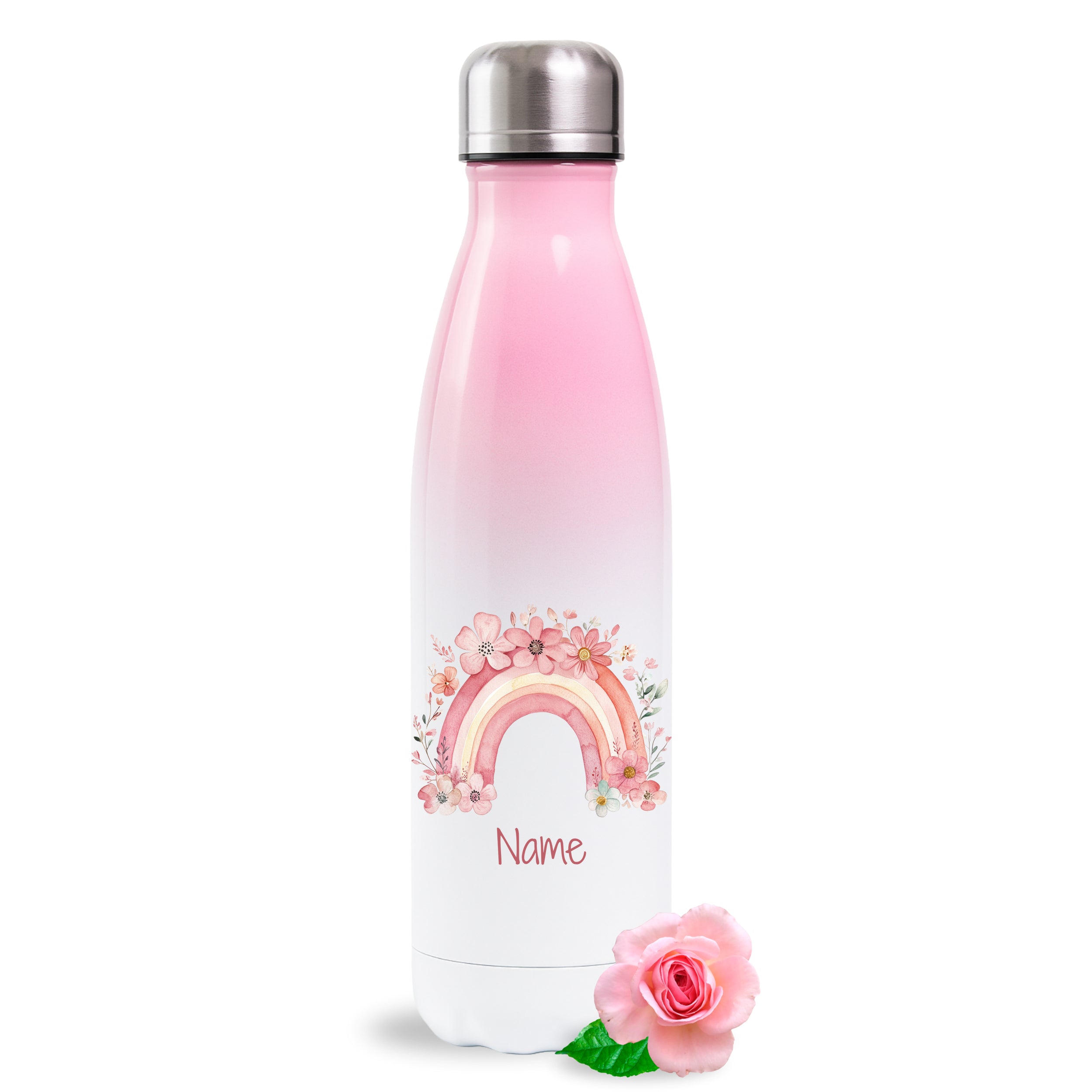 Rosa Thermoflasche mit Regenbogenmotiv und Wunschname