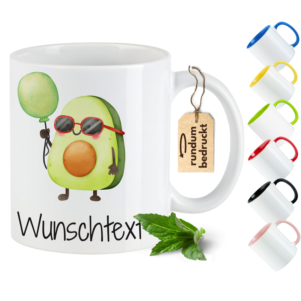 Tasse mit Avocado-Motiv und Wunschtext, weiß.