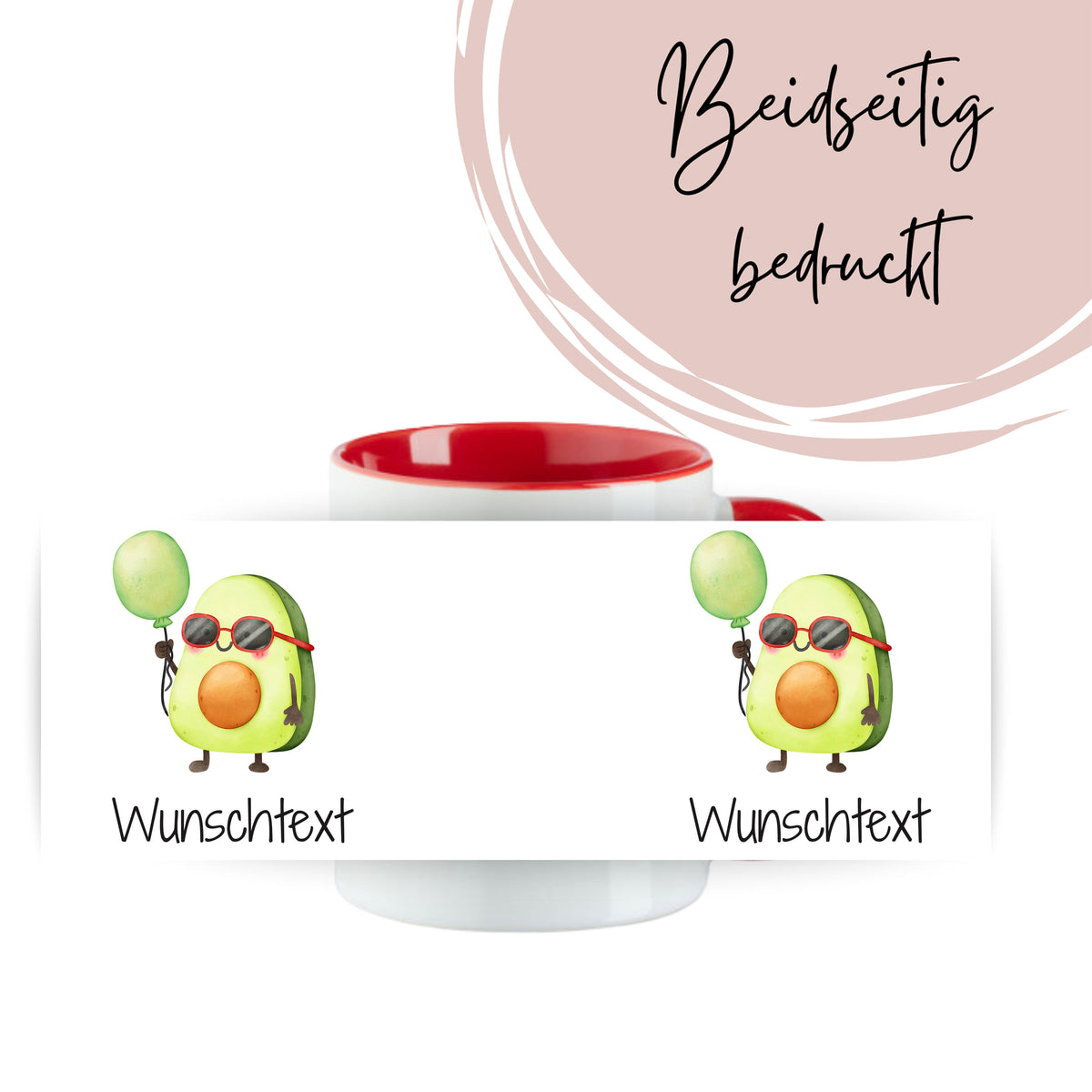 Tasse mit Avocado-Motiv und rotem Rand, beidseitig bedruckt.