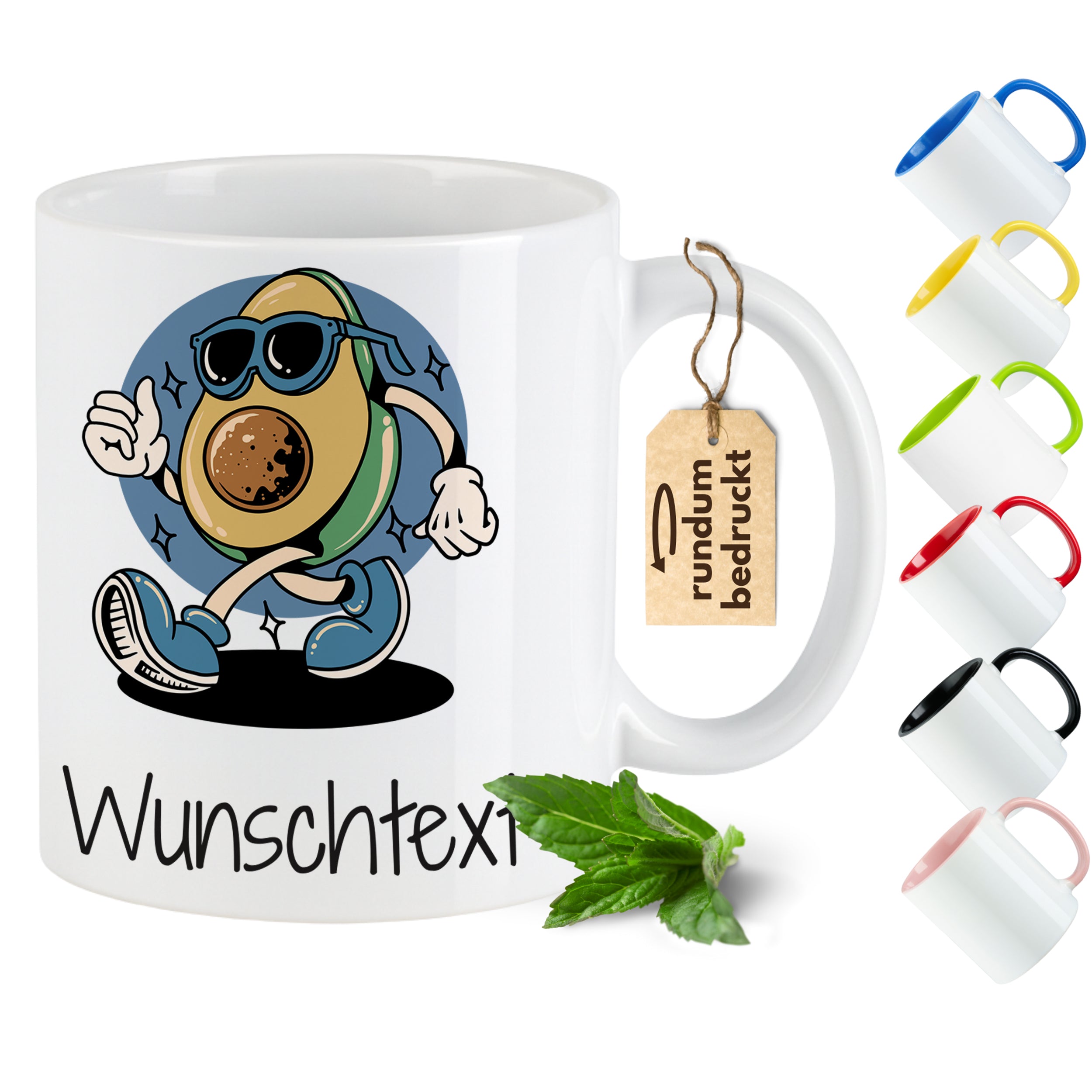 Tasse mit Avocado-Motiv und Wunschtext, weiß.